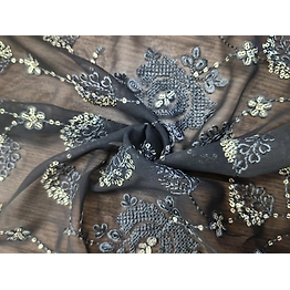 BSM Black Mesh Ground Beaded Embroidered Fabric