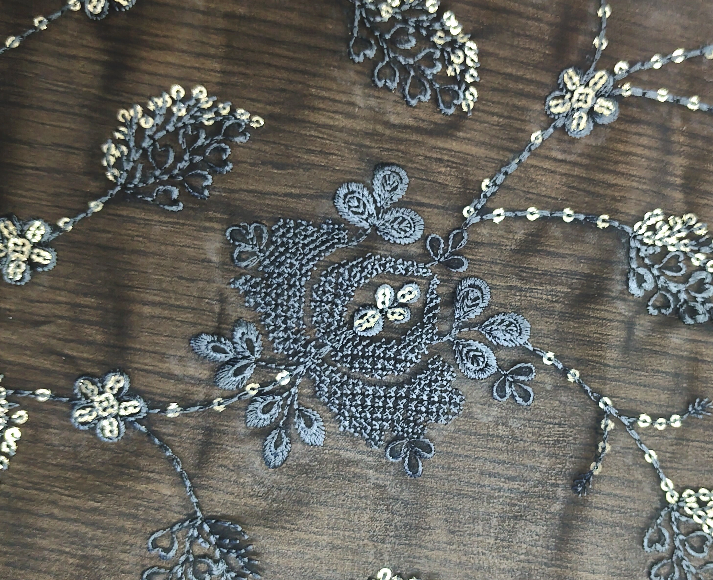 Black Mesh Ground Beaded Embroidered Fabric-2