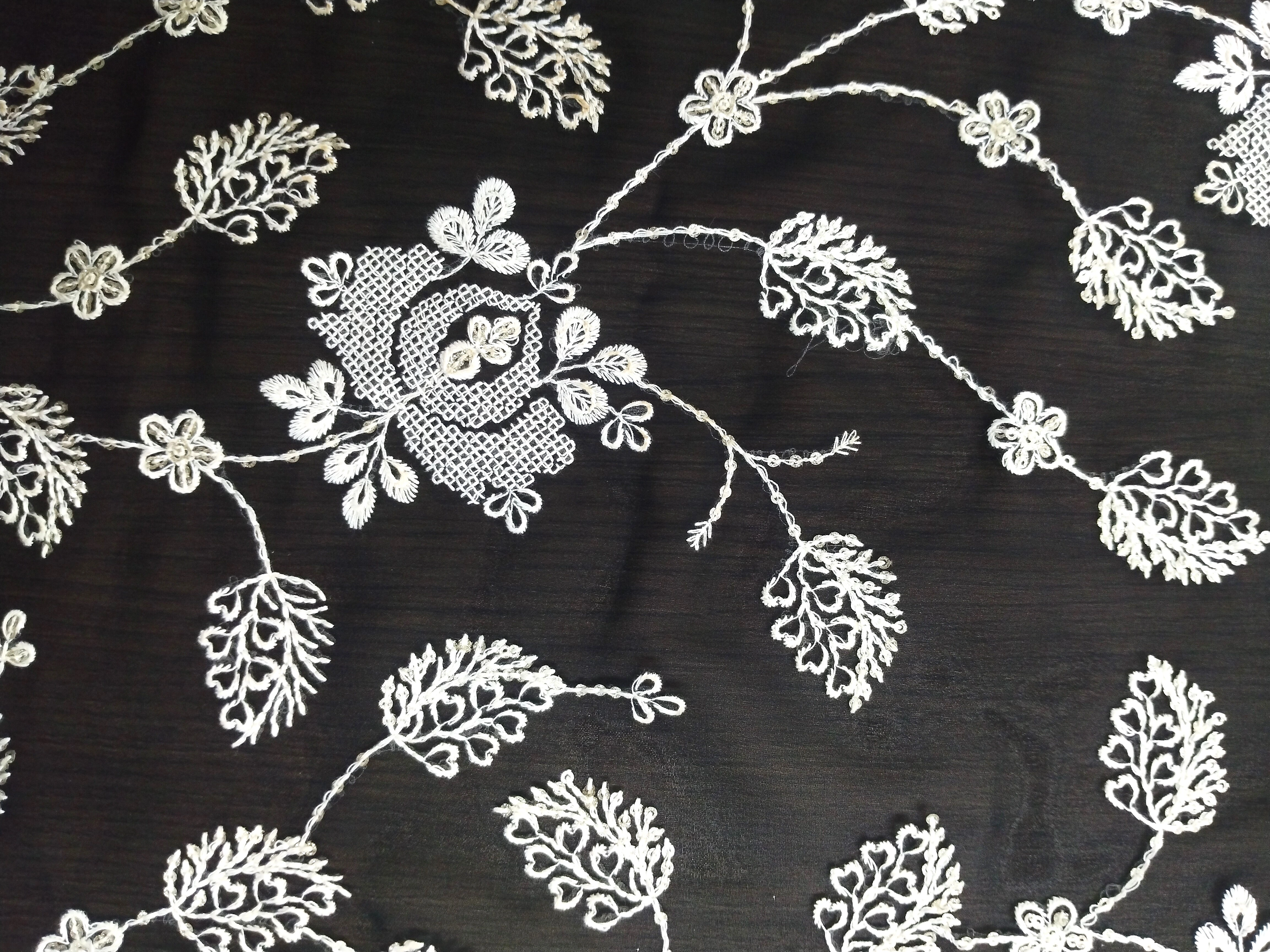 Black &amp; White Parsi Embroidery Floral Fabric-12555962