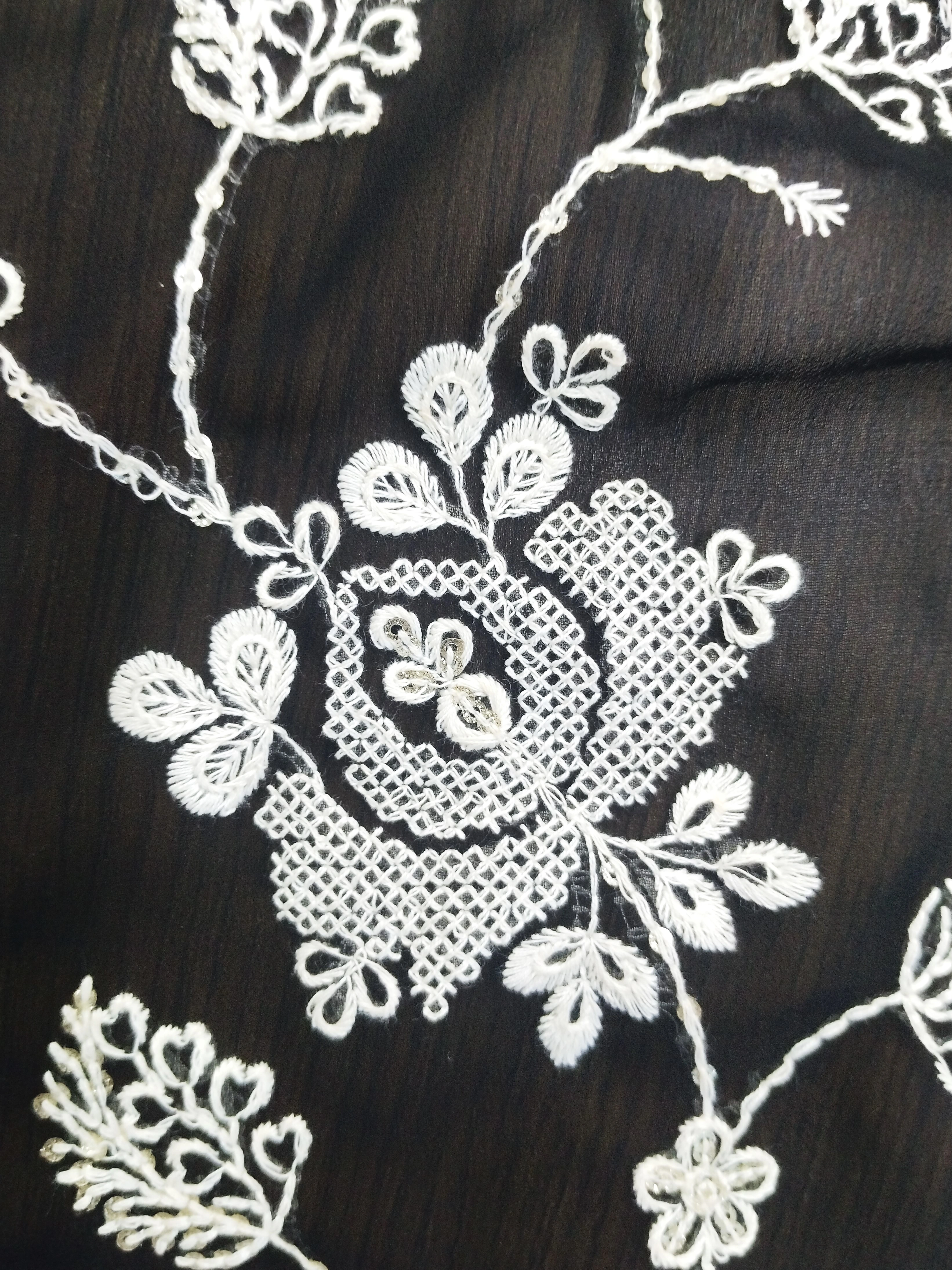 Black &amp; White Parsi Embroidery Floral Fabric-2