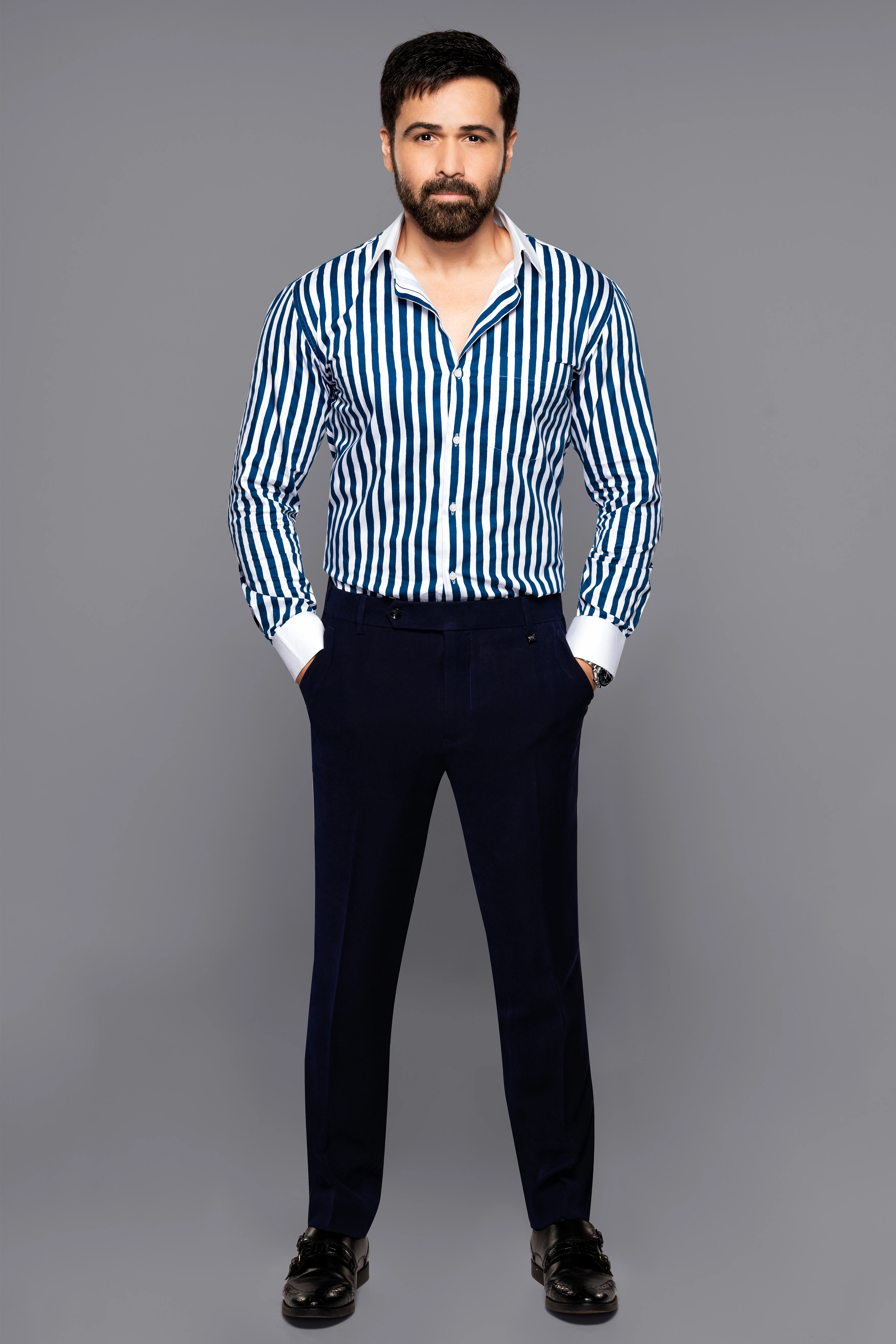 Blue and White Striped Printed with White Cuffs and Collar Subtle Sheen Super Soft Premium Shirt-3