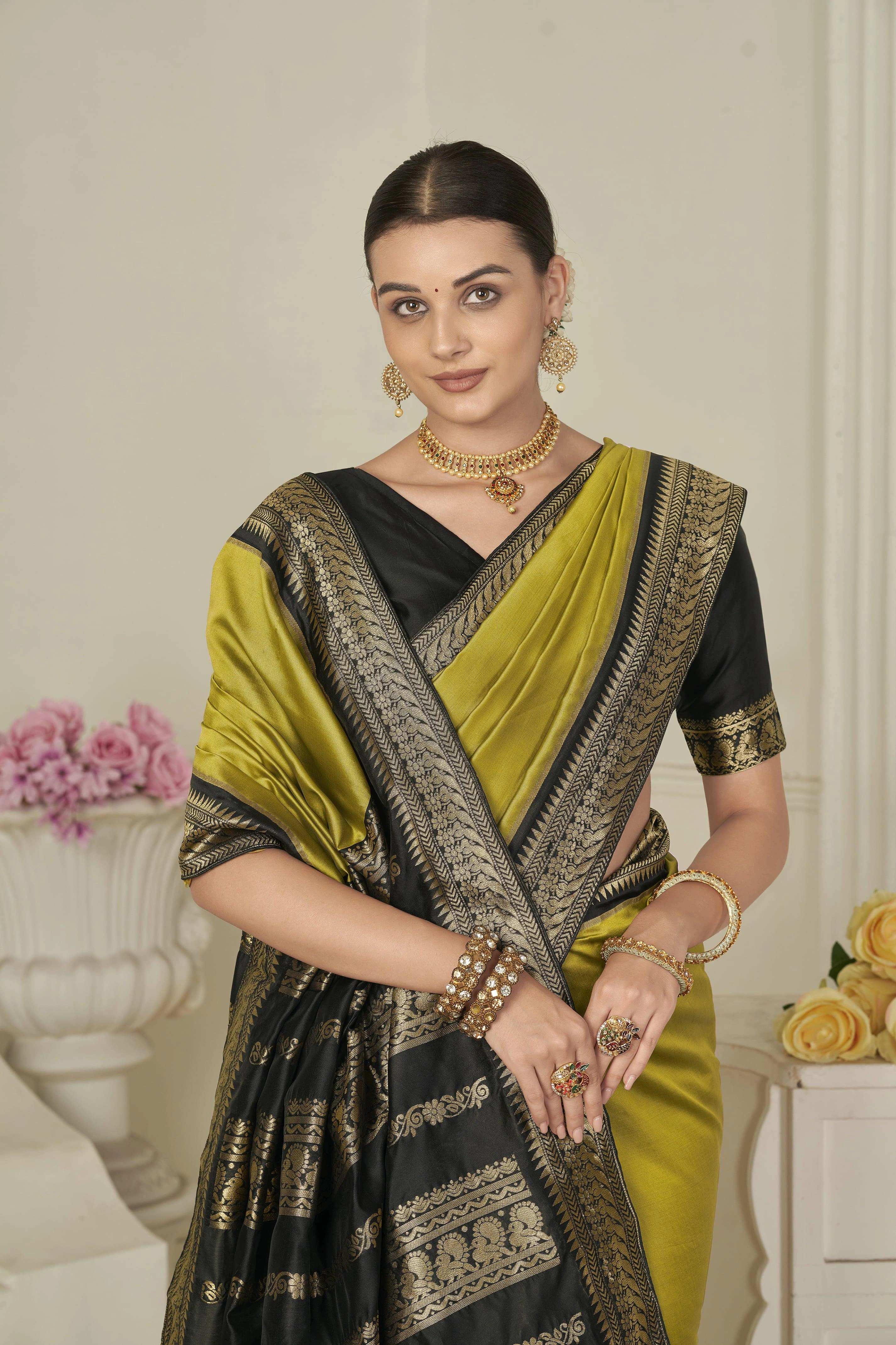 South Indian Silk Saree In Methi Yellow For Weddings | Golden Spice Elegance | Designer Black Blouse Stitching | Top Pick-1