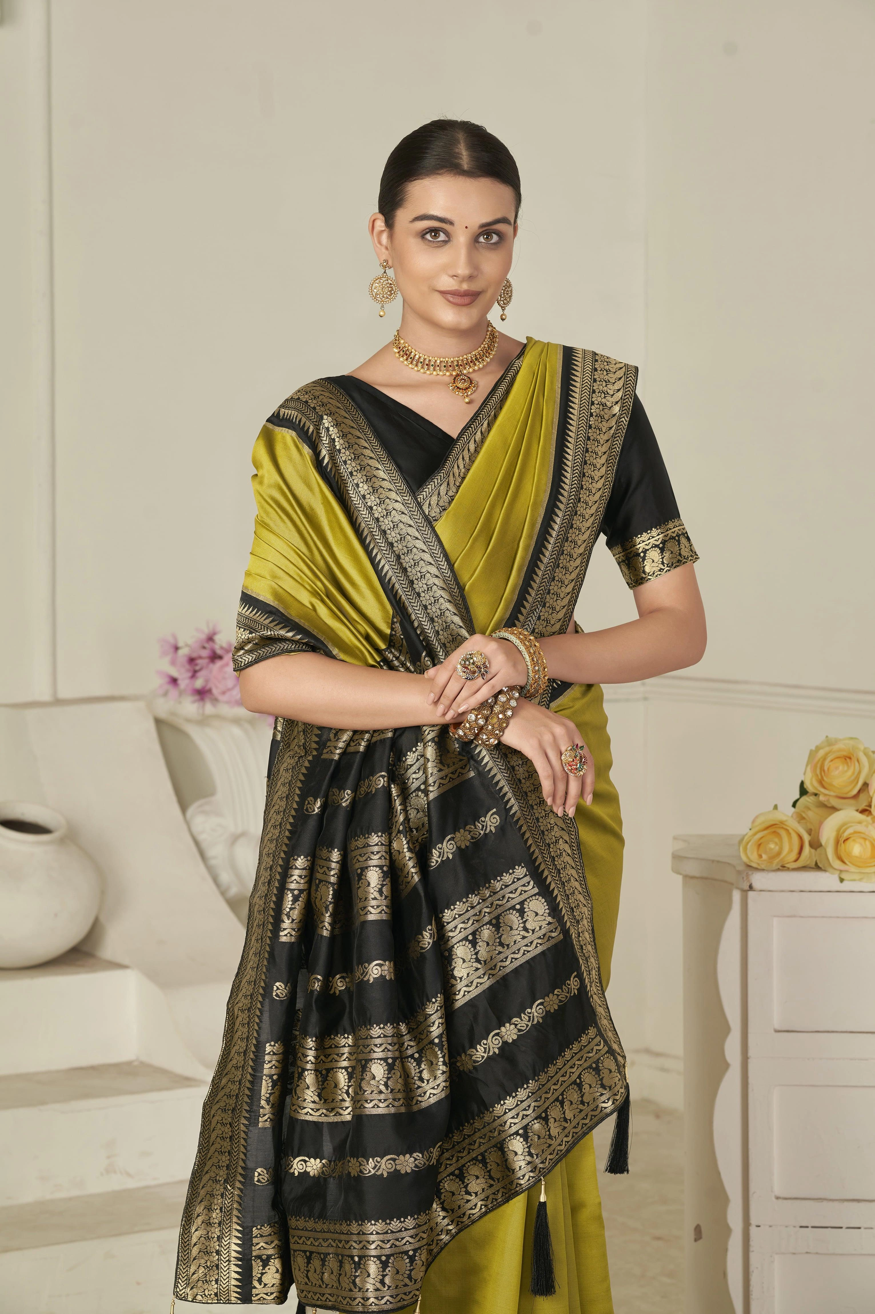 South Indian Silk Saree In Methi Yellow For Weddings | Golden Spice Elegance | Designer Black Blouse Stitching | Top Pick-2