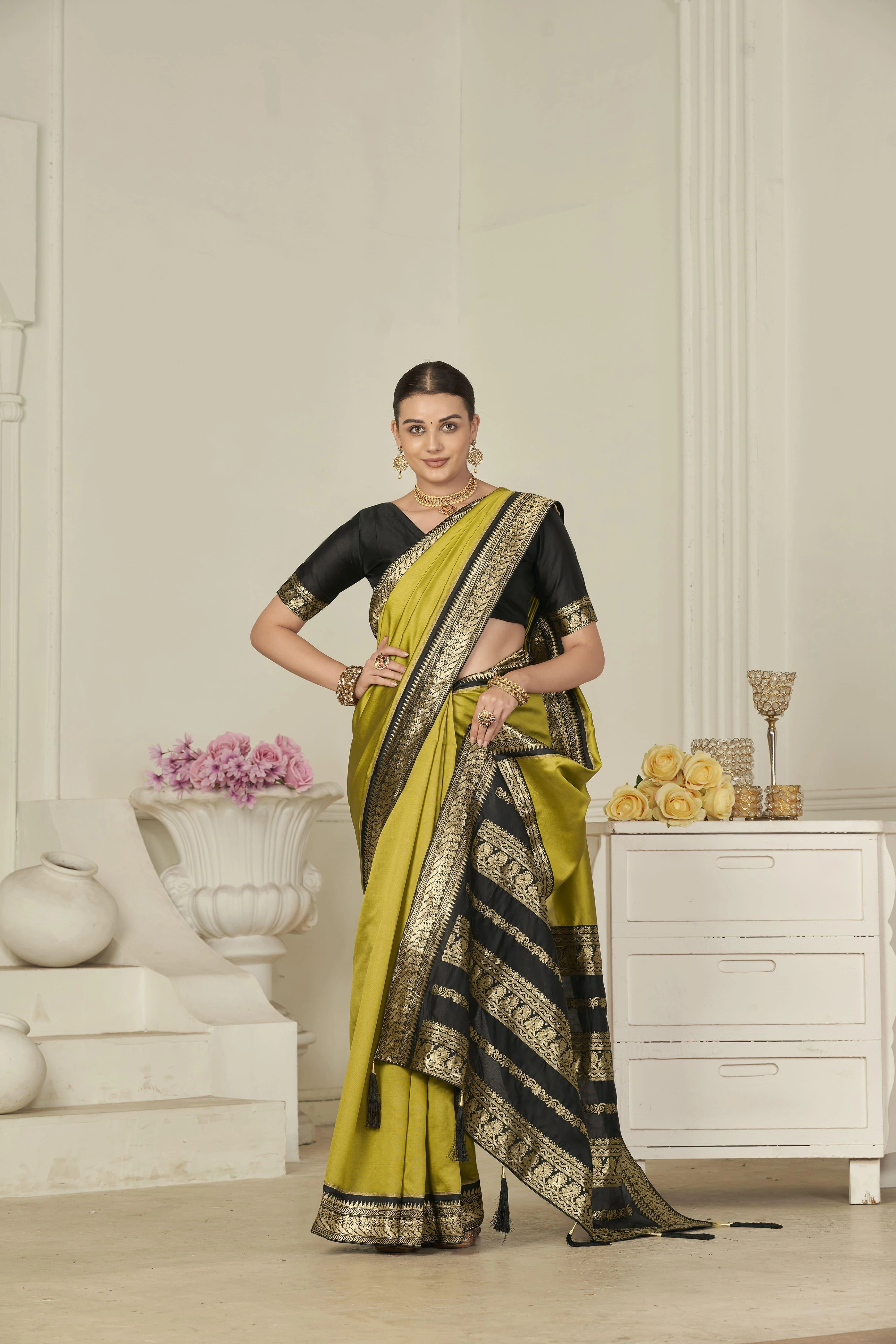 South Indian Silk Saree In Methi Yellow For Weddings | Golden Spice Elegance | Designer Black Blouse Stitching | Top Pick-3