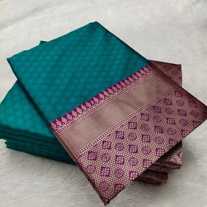 Rama Green And Pink Kanchipuram Softy Art Silk Saree | Indian Wedding Saree With Blouse | Fall Stitching Complimentary | Top Pick-3