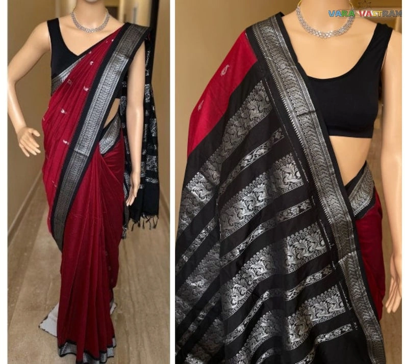 South Indian Banarasi Silk Saree In Inspiring Red With Silver Jari-3