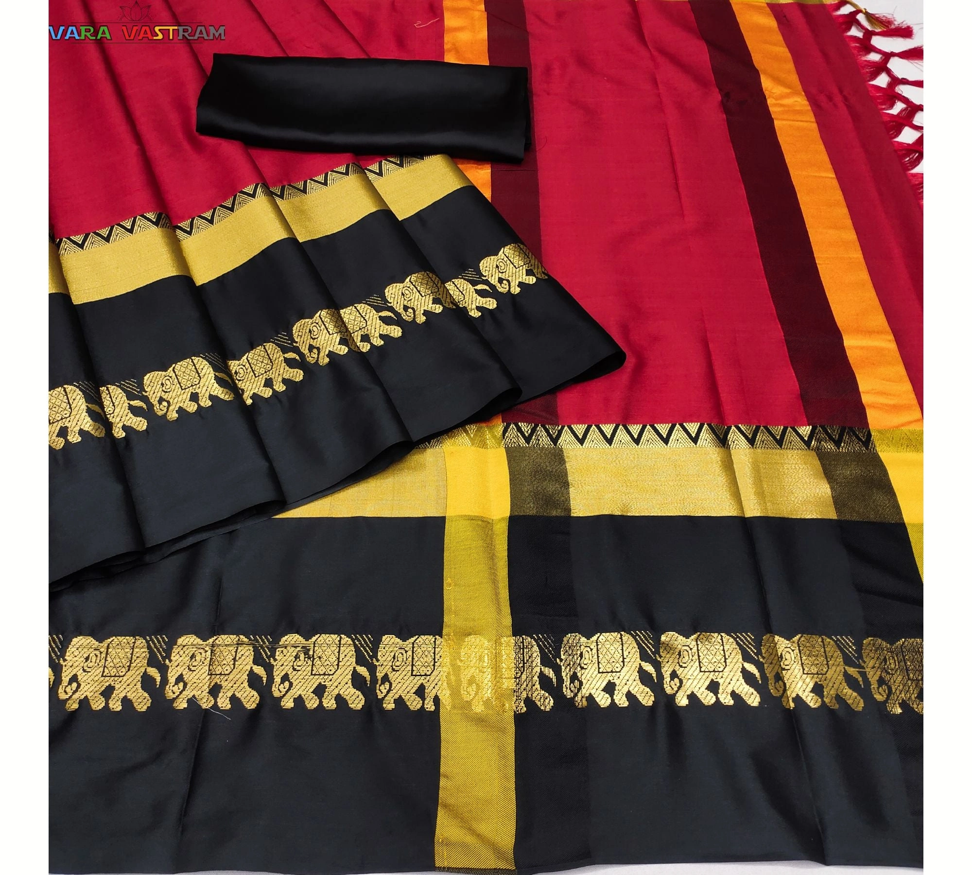 Hand-Crafted Red Black Cotton Silk Saree With Traditional Hathi Design Ideal Wedding Saree With Customized Blouse | Festival Saree India-1