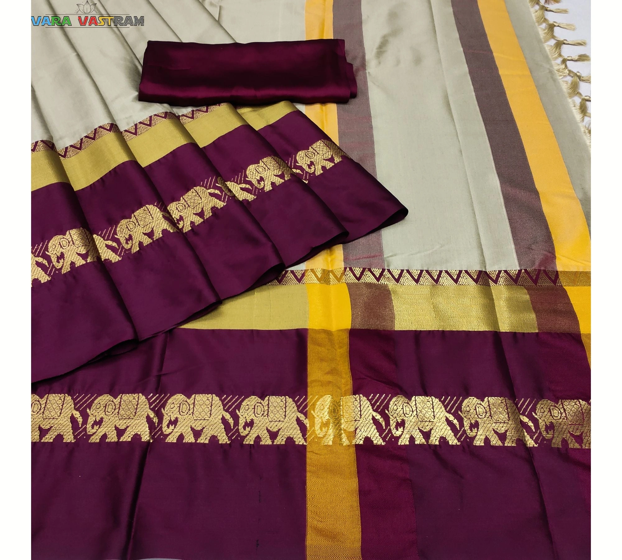 Cotton Silk Saree In Cream Maroon- Handcrafted With Traditional Hathi Design, Customized Blouse Wedding Sari For India-1