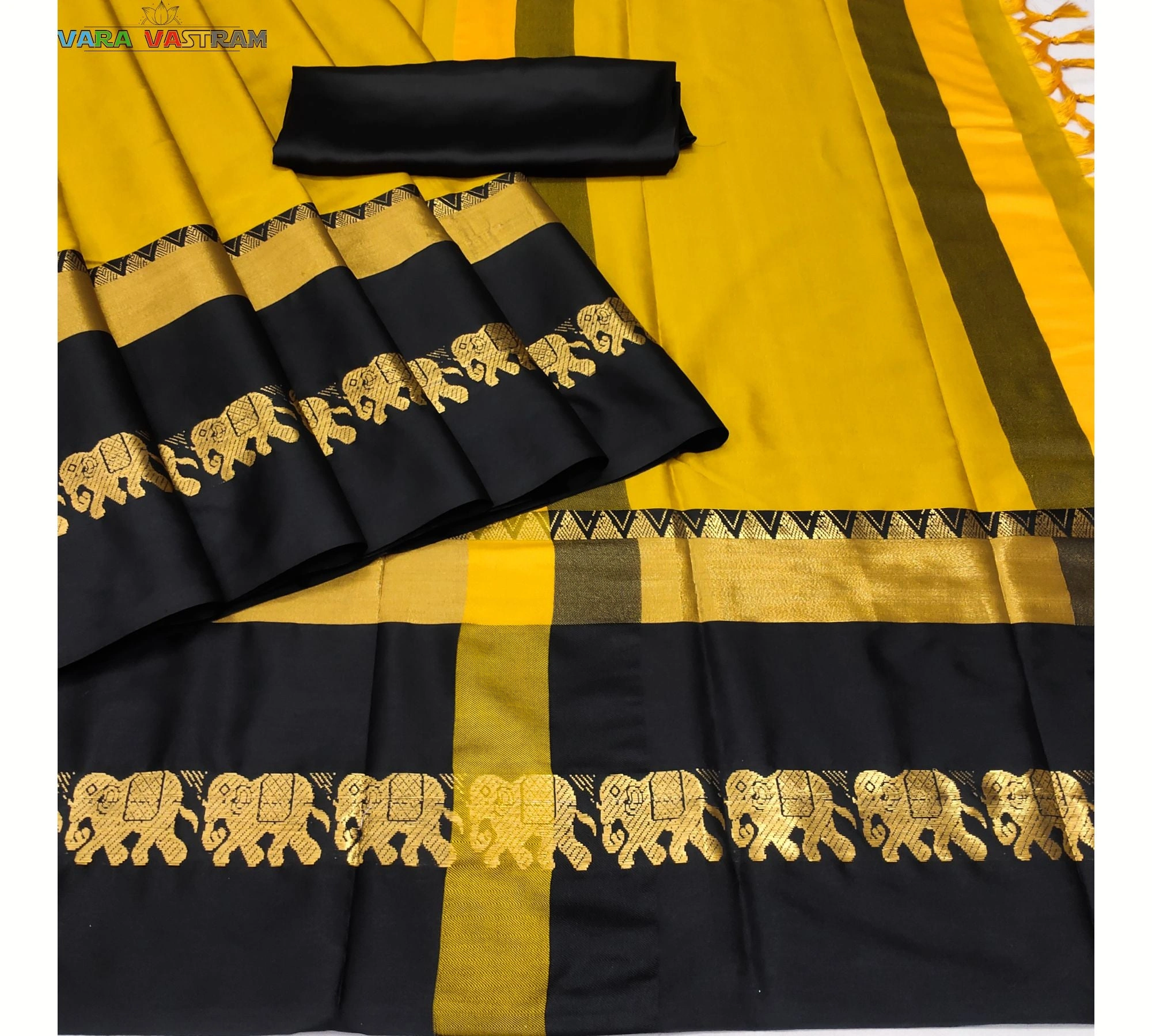 Gold Black Cotton Silk Saree - Handloom Woven By Artisans, Customized Blouse, Traditional Hathi Design, Indian Wedding And Festive Sari India-1