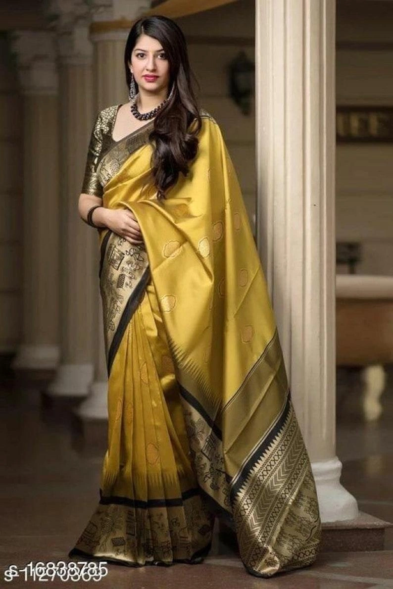 Mustard Banarasi Silk Indian Wedding Saree With Blouse | Indian Ethnic Wear Saree | Fall Stitching Complimentary | Sabyasachi Saree | Sari-1