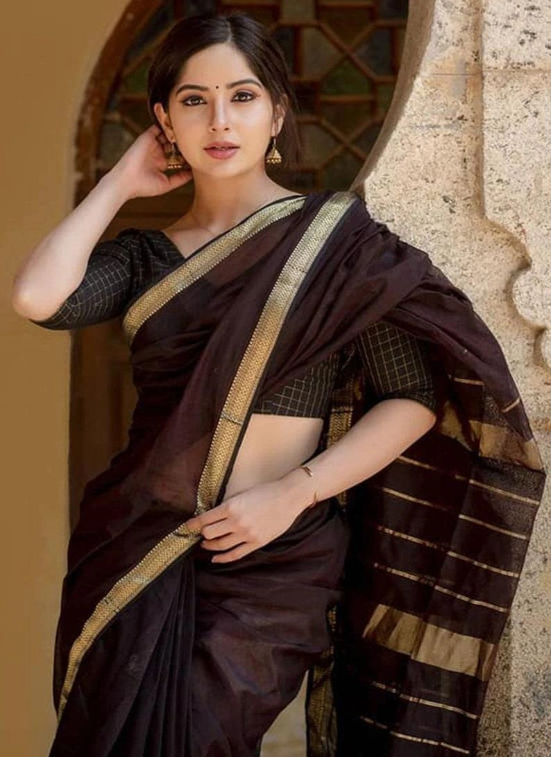 Brown Banarasi Silk Saree | Indian Wedding Saree With Stitched Blouse In India | Designer Party Wear Saree | Kanjeevaram Saree Sari-3