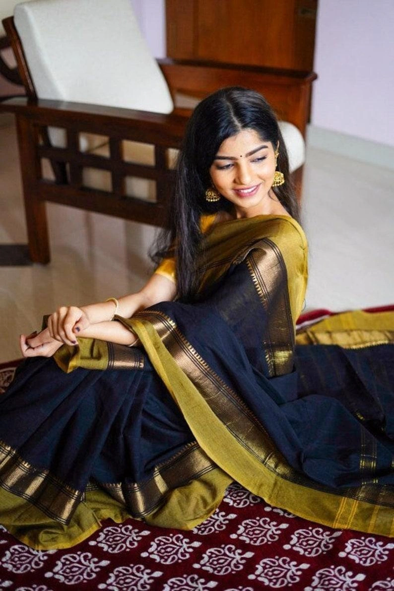 Black Silk Saree | Yellow Saree | Indian Wedding Saree | South Indian Saree | Saree With Stitched Blouse | Kanjivaram Saree | Saree India-2