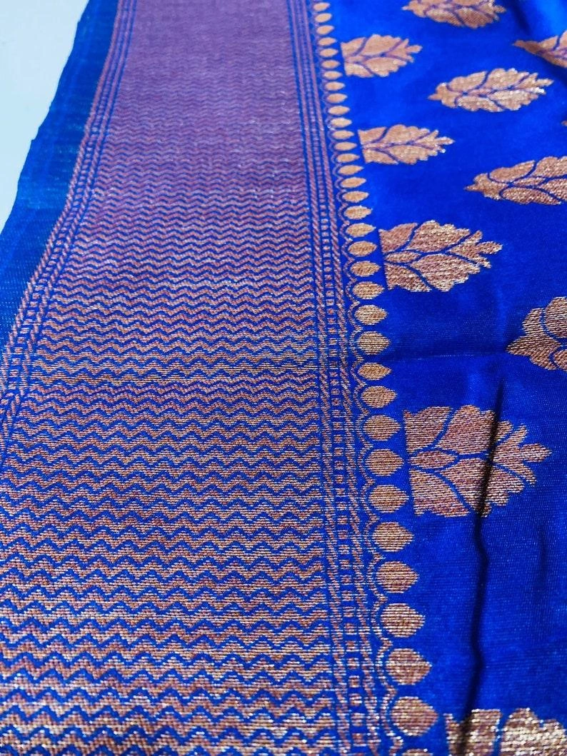 Blue Bollywood Designer Banarasi Softy Silk Saree, Indian Wedding South Indian Saree With Blouse; Falls Stitching Done Complimentary-3