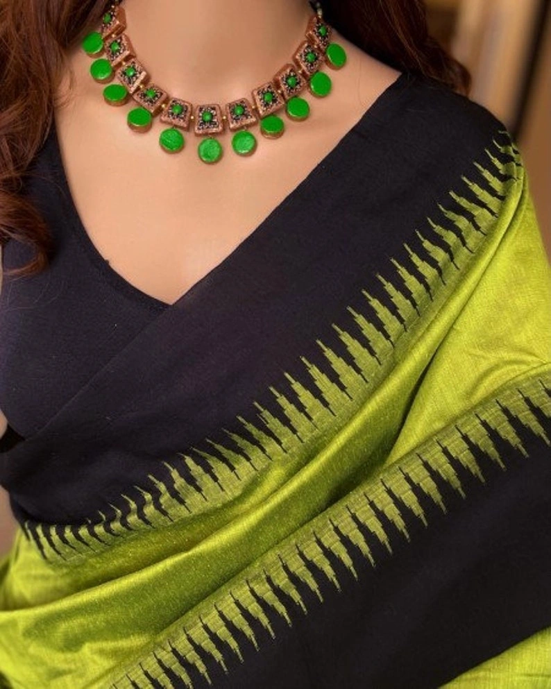 Parrot Green Weaving Saree With Beautiful Designer Black Border | Wedding Saree | Sari With Black Blouse | South Indian Saree | Sarees India-BTG-026