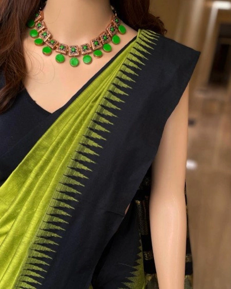 Parrot Green Weaving Saree With Beautiful Designer Black Border | Wedding Saree | Sari With Black Blouse | South Indian Saree | Sarees India-2