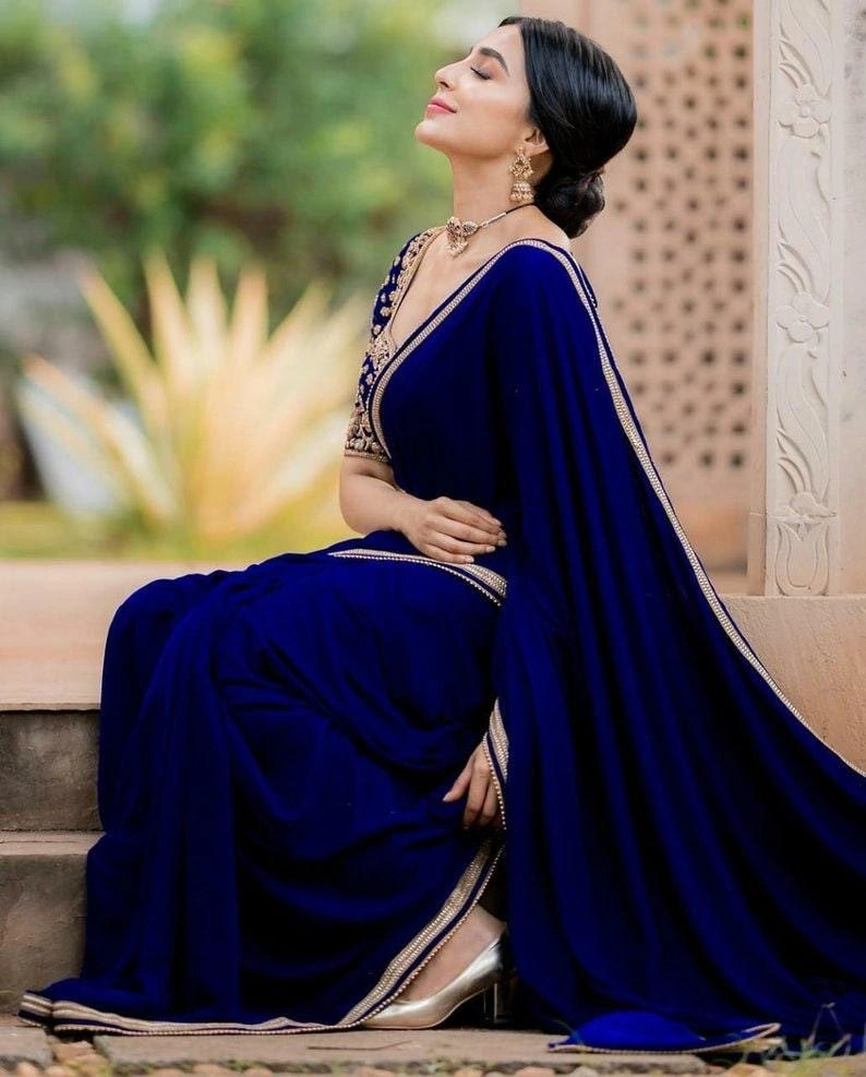 Elegant Blue Satin Silk Saree With Stitched Blouse | Bollywood Saree-1