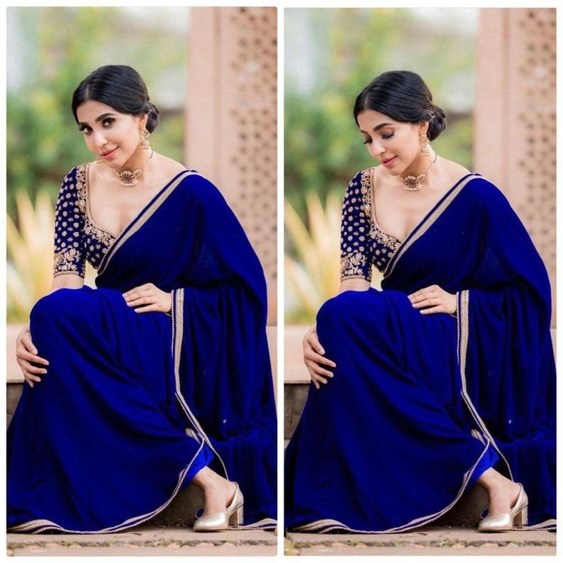 Elegant Blue Satin Silk Saree With Stitched Blouse | Bollywood Saree-3