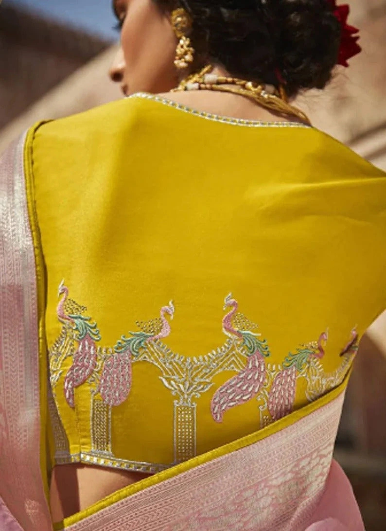 Taffy Pink Designer Saree With Lemon Yellow Embroidery Blouse | Art Silk Saree With Heart-Shaped Threadwork-1