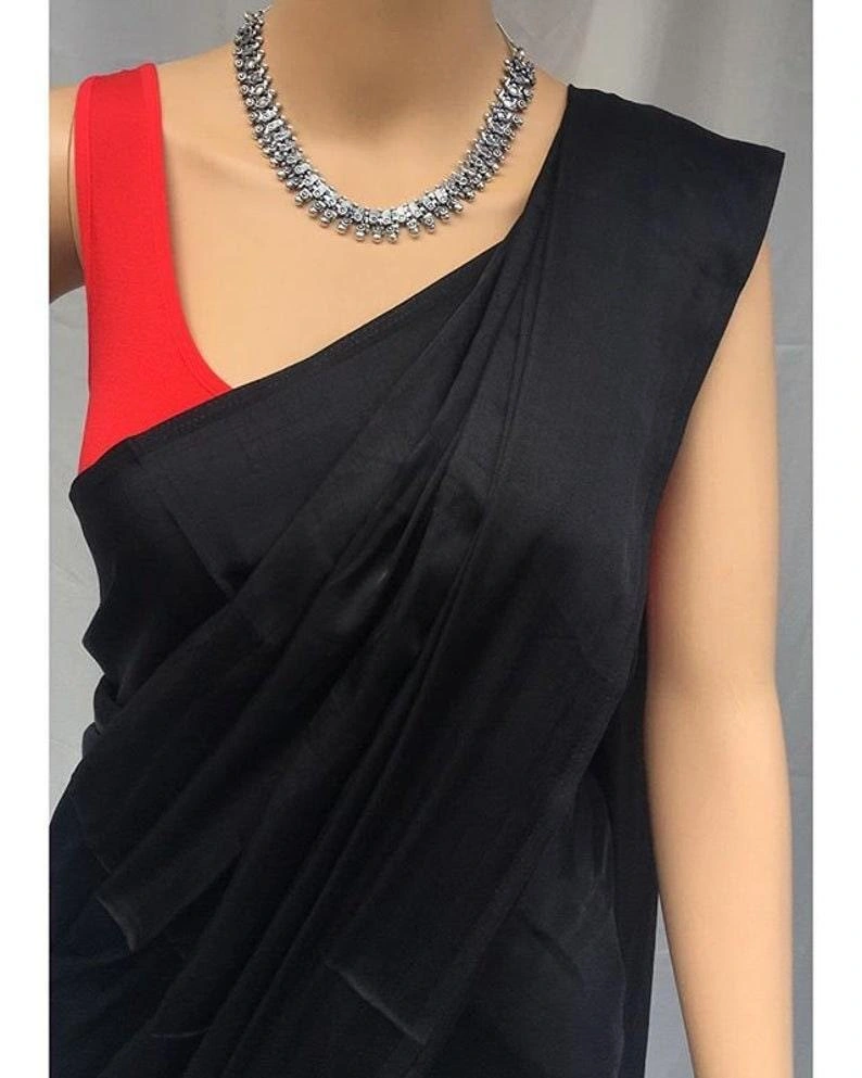 Black Saree | Party Saree | Saree With Stitched Blouse | Bollywood Saree | Red Blouse | Plain Saree Sari | Satin Silk Saree | Saree India-1