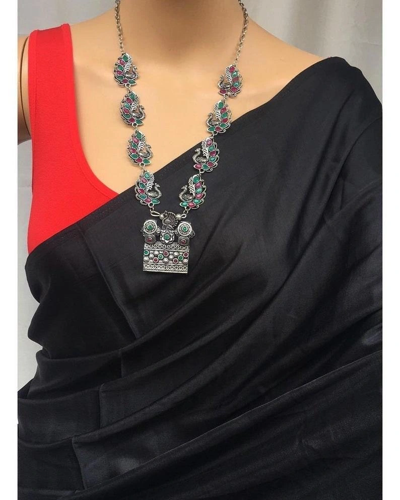 Black Saree | Party Saree | Saree With Stitched Blouse | Bollywood Saree | Red Blouse | Plain Saree Sari | Satin Silk Saree | Saree India-2