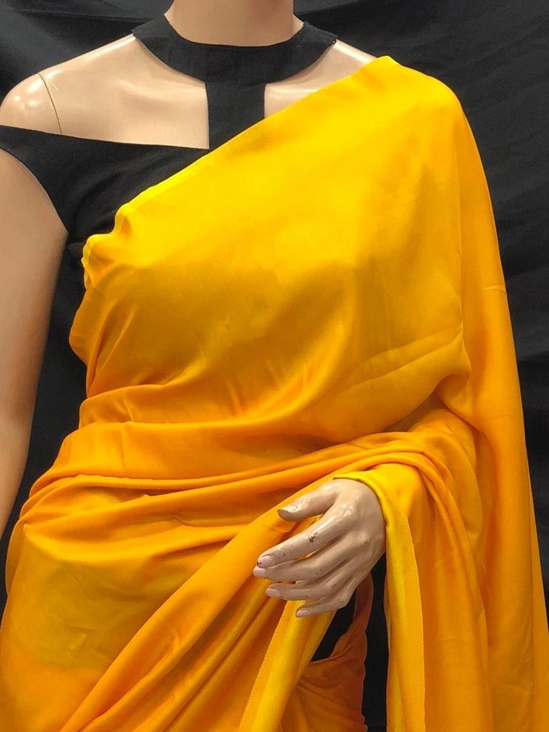 Yellow Plain Satin Silk Saree | Indian Wedding Saree | Handwoven Saree | Sarees India | Gifts For Her | Traditional Saree | Sarees For Women-1