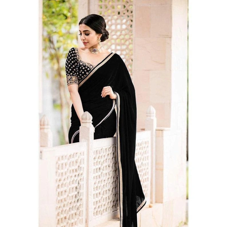 Black Silk Embroidery Wedding Saree | Designer Silk Saree | Handloom Sarees India | Gifts For Her | Saree For Woman | Black Saree Blouse| Sari-2