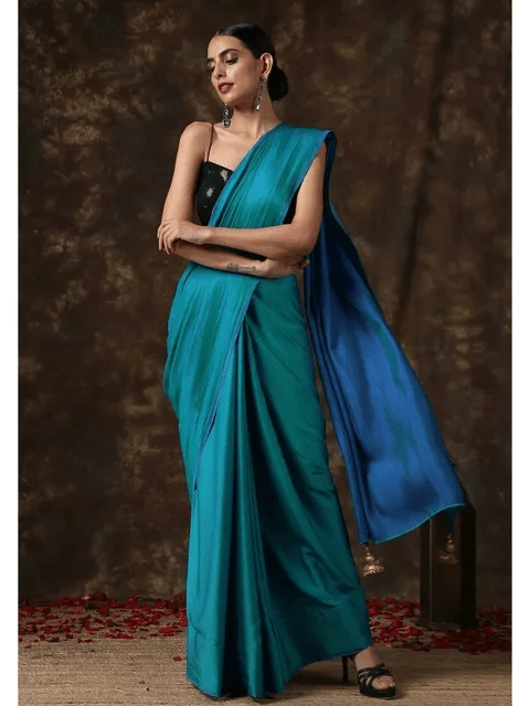 Peacock Green Malai Silk Saree: Two-Tone Reversible Soft Silk Saree For Indian Weddings, Bridesmaids, And Special Occasions-3