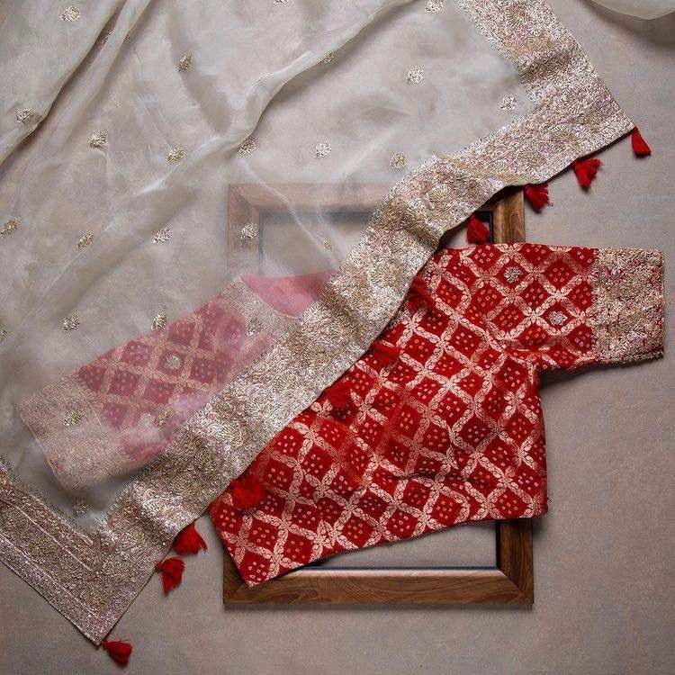 White Sequence Silk Saree | Ruffle Saree | Designer Sari | Wedding Saree | Pink Border Zari &amp; Sequence Work | Red Blouse | Gifts For Her-1