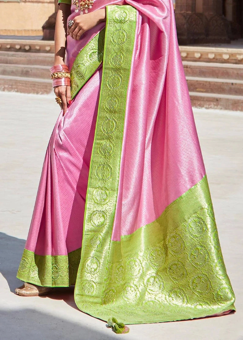 Parrot/Baby Pink Weaving Saree With Beautiful Designer Embroidery Blouse | Patched Border With Unique Latkan In Saree For Women | Sari India-1