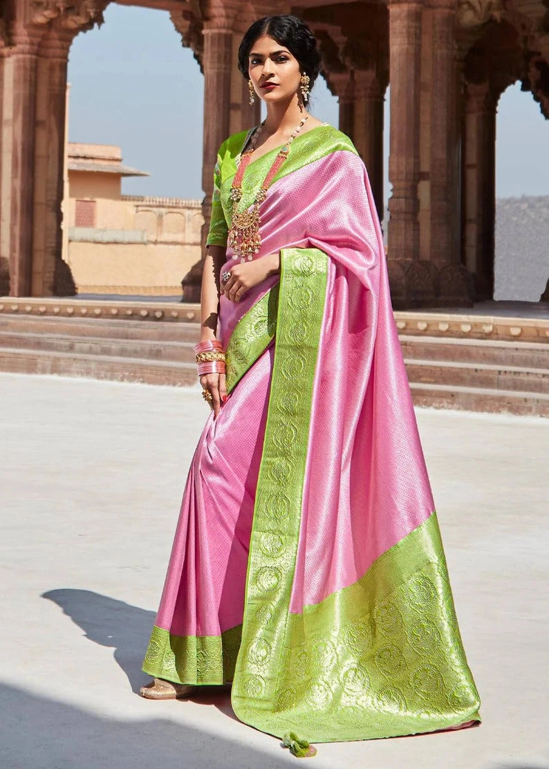 Parrot/Baby Pink Weaving Saree With Beautiful Designer Embroidery Blouse | Patched Border With Unique Latkan In Saree For Women | Sari India-3