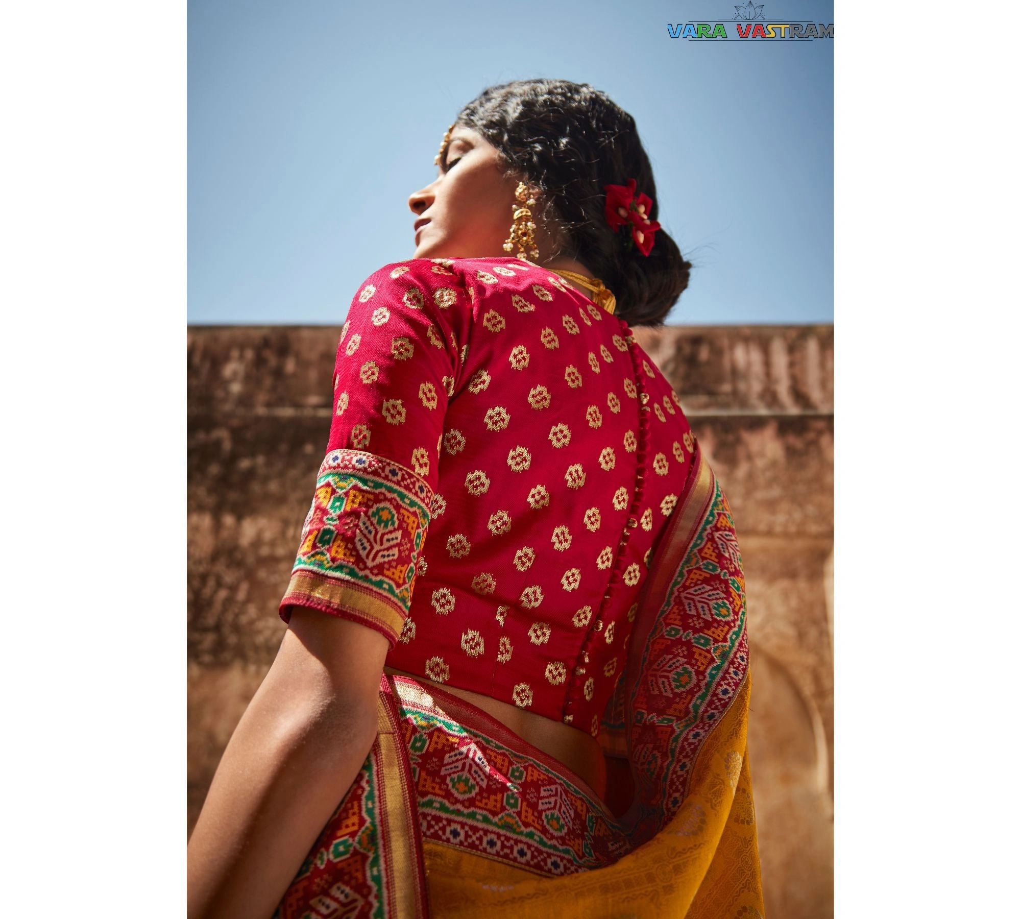 Sabyasachi-Inspired Tangerine Orange Silk Blend Saree &amp; Red Designer Blouse Featuring Gold Zari Accents, Elegant Indian Wedding And Festive Sari In The India-3