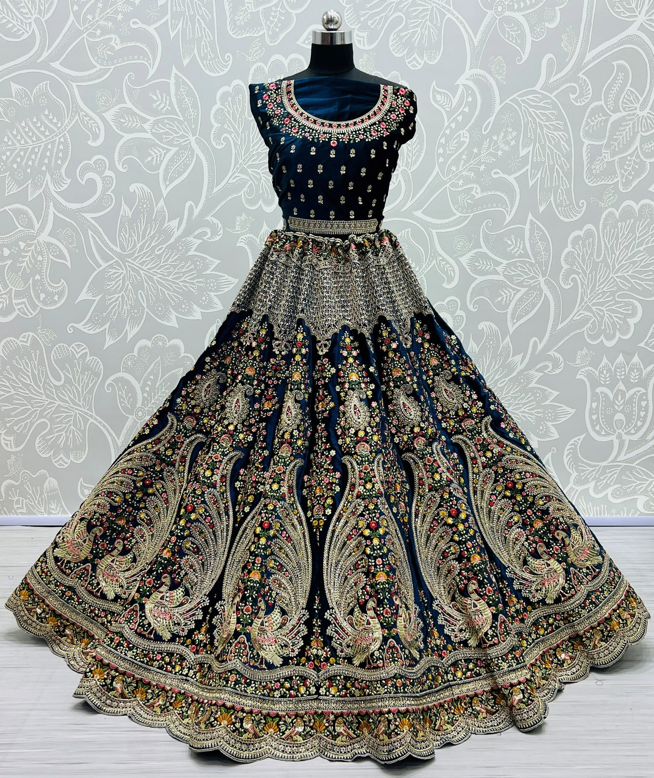 Exquisite Navy Blue Peacock Embroidered Velvet Bridal Lehenga Choli With Handwork - Rani Pink, Peach-1