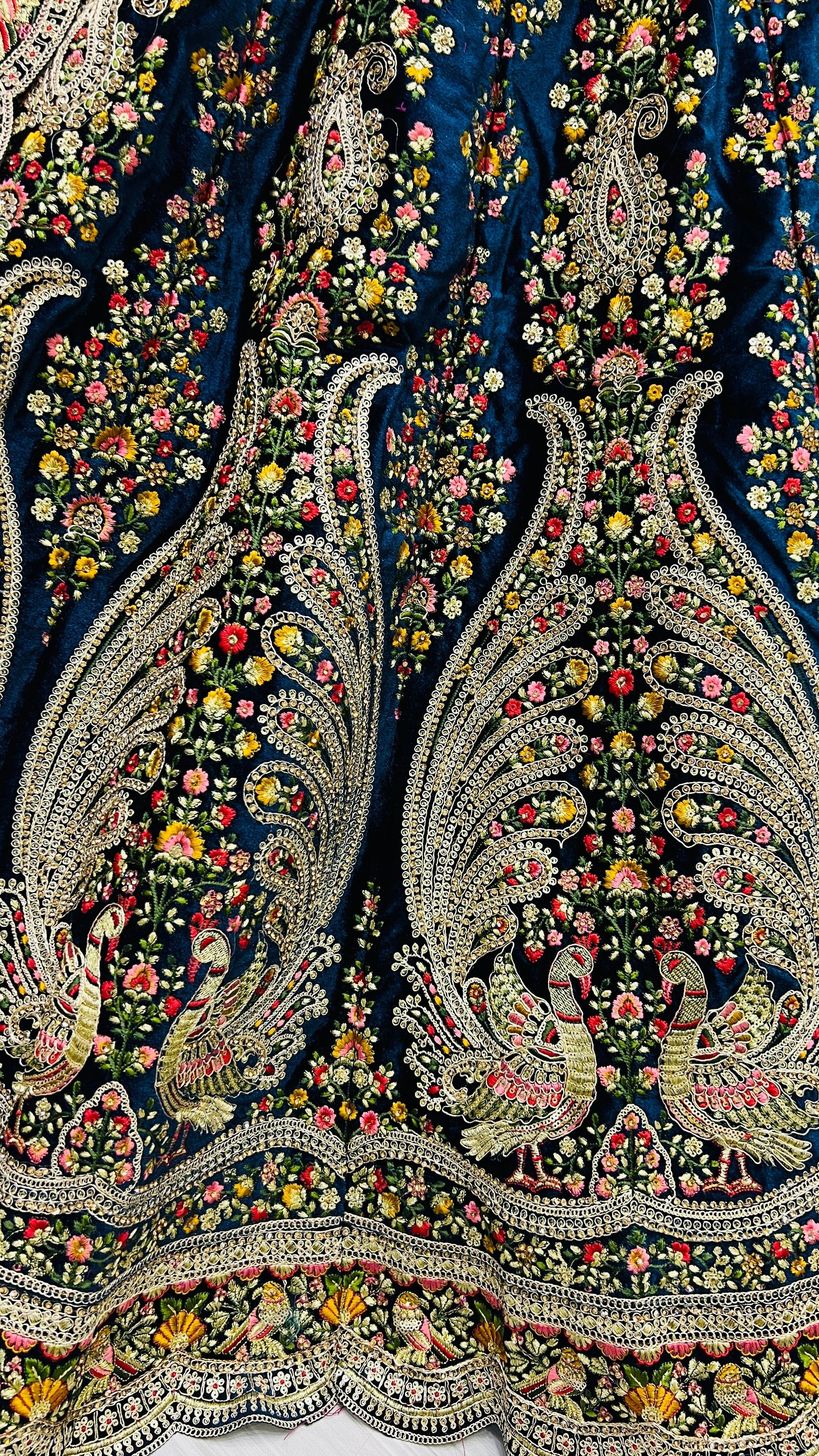 Exquisite Navy Blue Peacock Embroidered Velvet Bridal Lehenga Choli With Handwork - Rani Pink, Peach-3