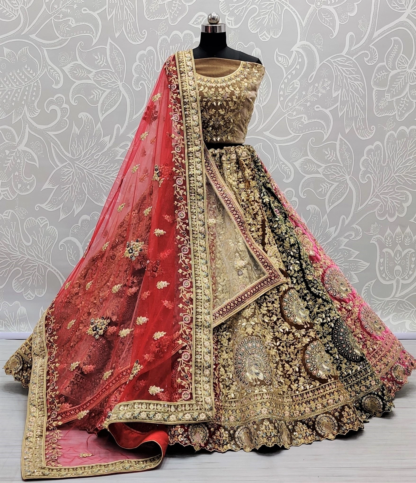 Bespoke Multi-Color Peacock Bridal Lehenga Choli With Elegant Embroidery, Ideal For Indian Wedding Celebrations India-1