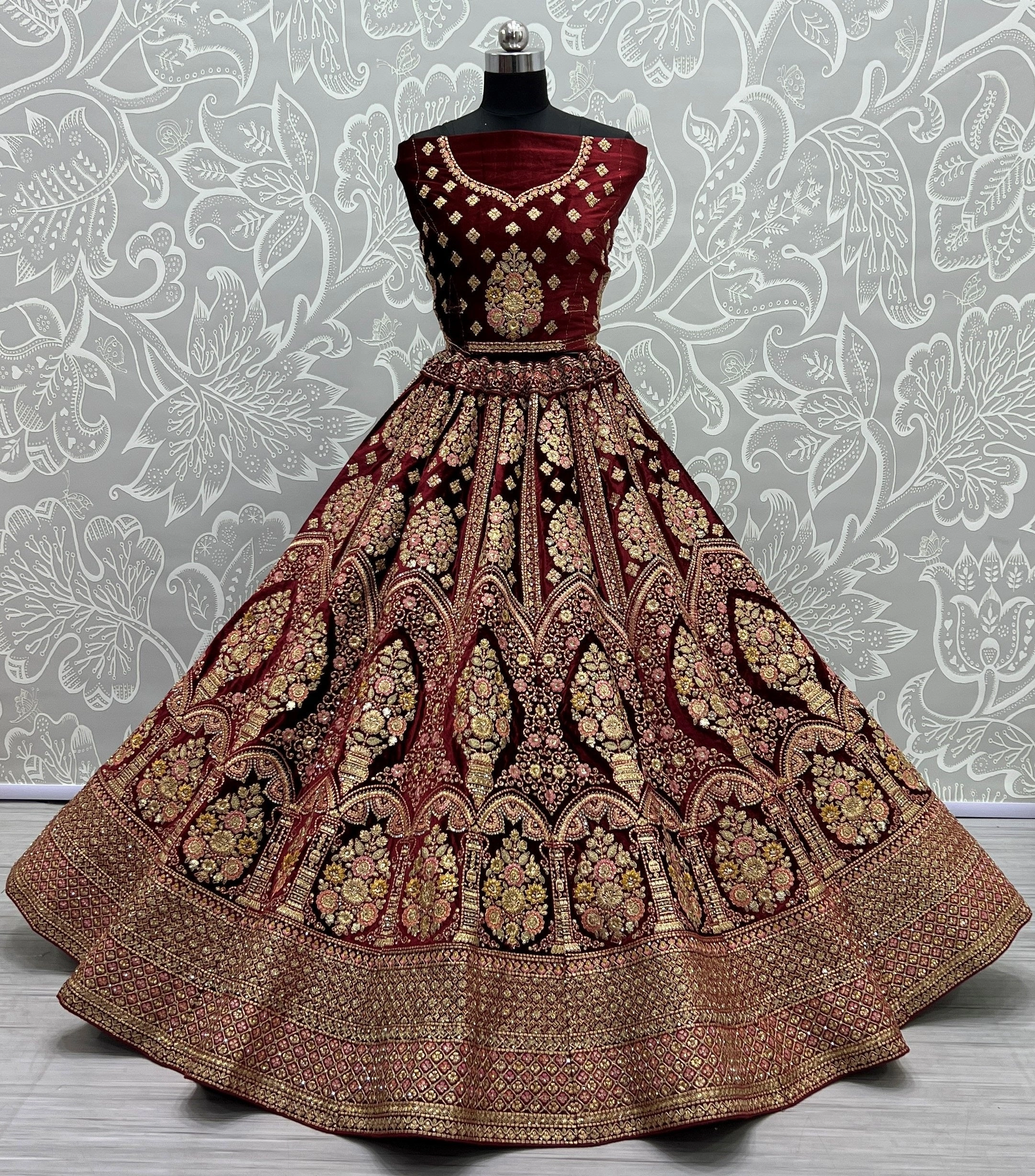 Luxurious Standing Flower Pot Embroidery Bridal Lehenga Choli - Soft Velvet, Intricate Embellishments, Customizable Fit, Morpich Lehenga-1