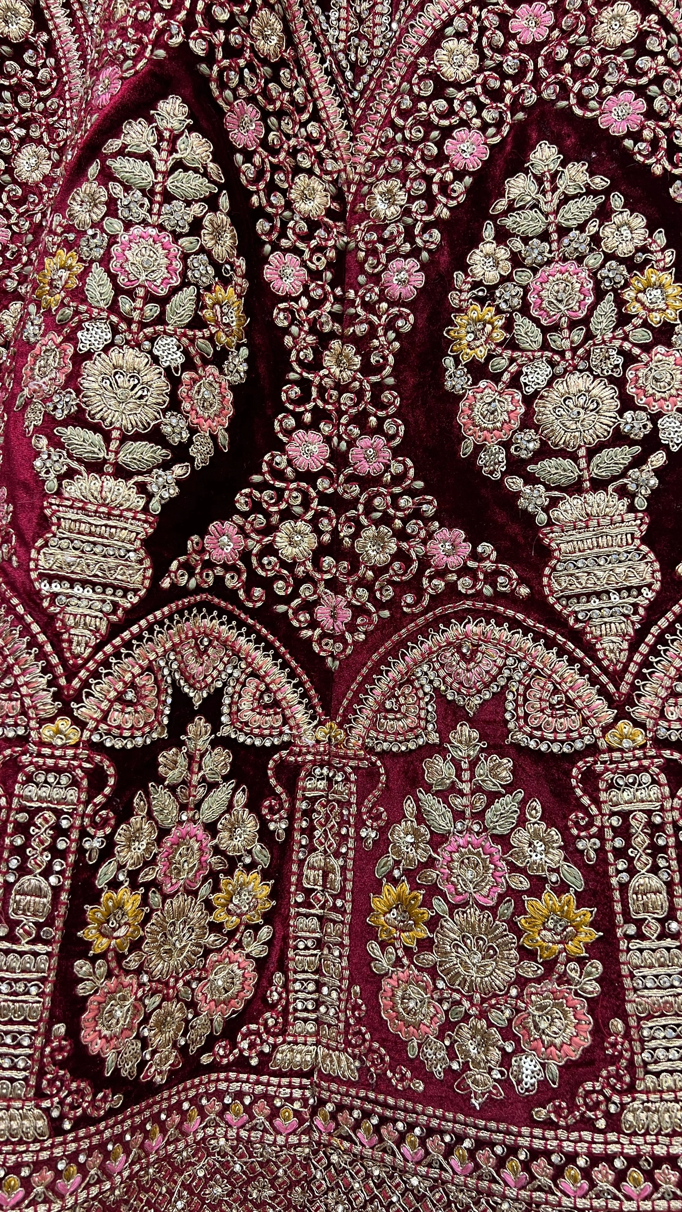 Luxurious Standing Flower Pot Embroidery Bridal Lehenga Choli - Soft Velvet, Intricate Embellishments, Customizable Fit, Morpich Lehenga-3