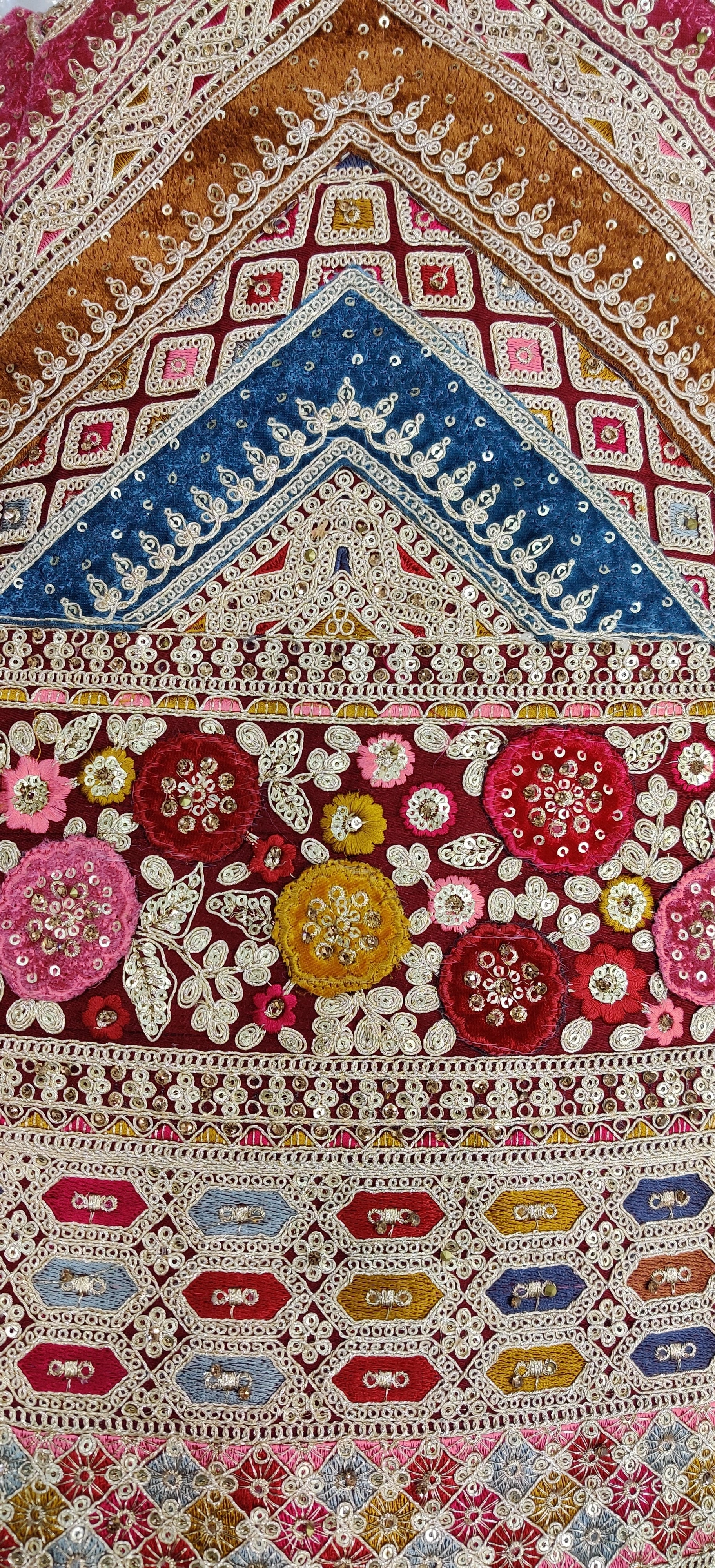 Superb Matching Thread Work Multi-Color Wavy Pattern And Velvet Patch Work Sabyasachi Inspired Bridal Lehengacholi, Bridal Lehenga Choli India-1