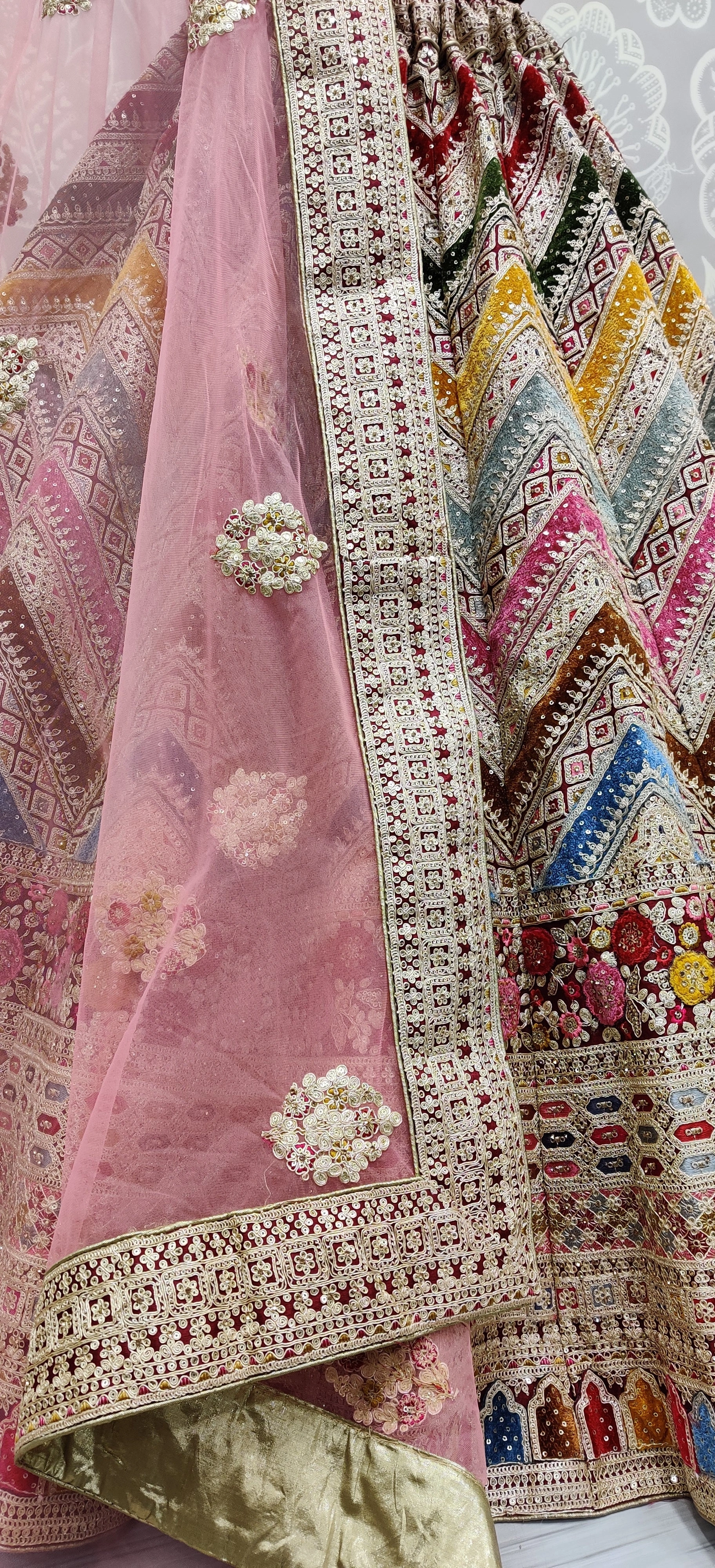 Superb Matching Thread Work Multi-Color Wavy Pattern And Velvet Patch Work Sabyasachi Inspired Bridal Lehengacholi, Bridal Lehenga Choli India-2
