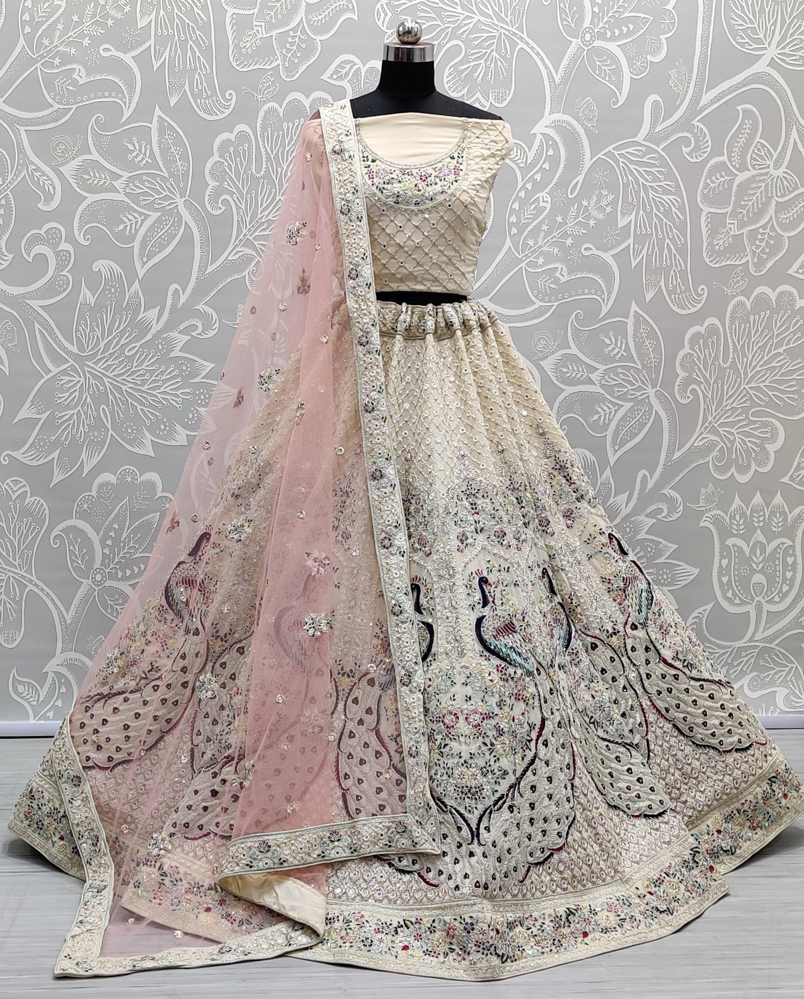 Cream Peacock Embroidered Designer Bridal Lehenga Choli On Georgette, Elegant Mirror &amp; Dori Work, Soft Net Dupatta,Perfect Wedding Wear-1