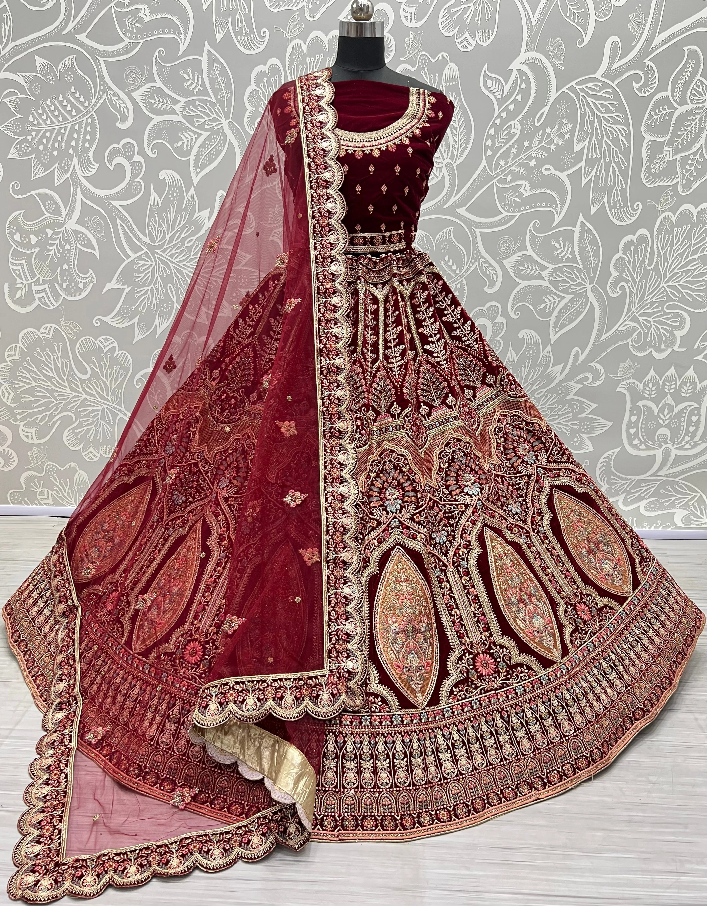 Rani Pink Rajwadi Oval Embroidered Bridal Lehenga Choli - Premium Velvet, Heavy Detail - Wedding &amp; Special Occasion Outfit, Ghaghra Choli-1