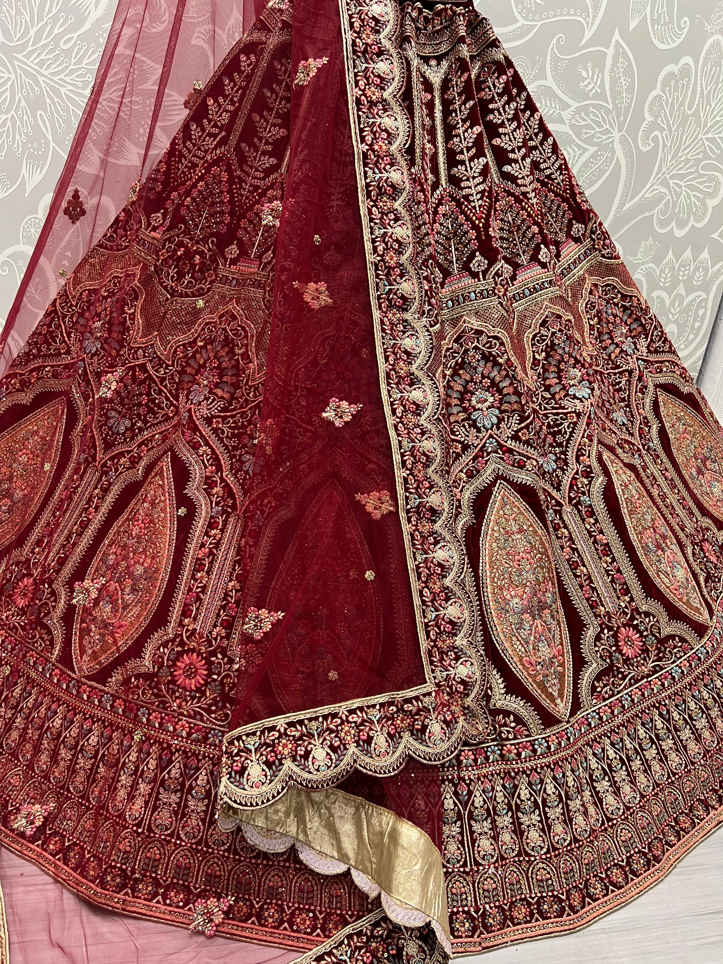 Rani Pink Rajwadi Oval Embroidered Bridal Lehenga Choli - Premium Velvet, Heavy Detail - Wedding &amp; Special Occasion Outfit, Ghaghra Choli-3