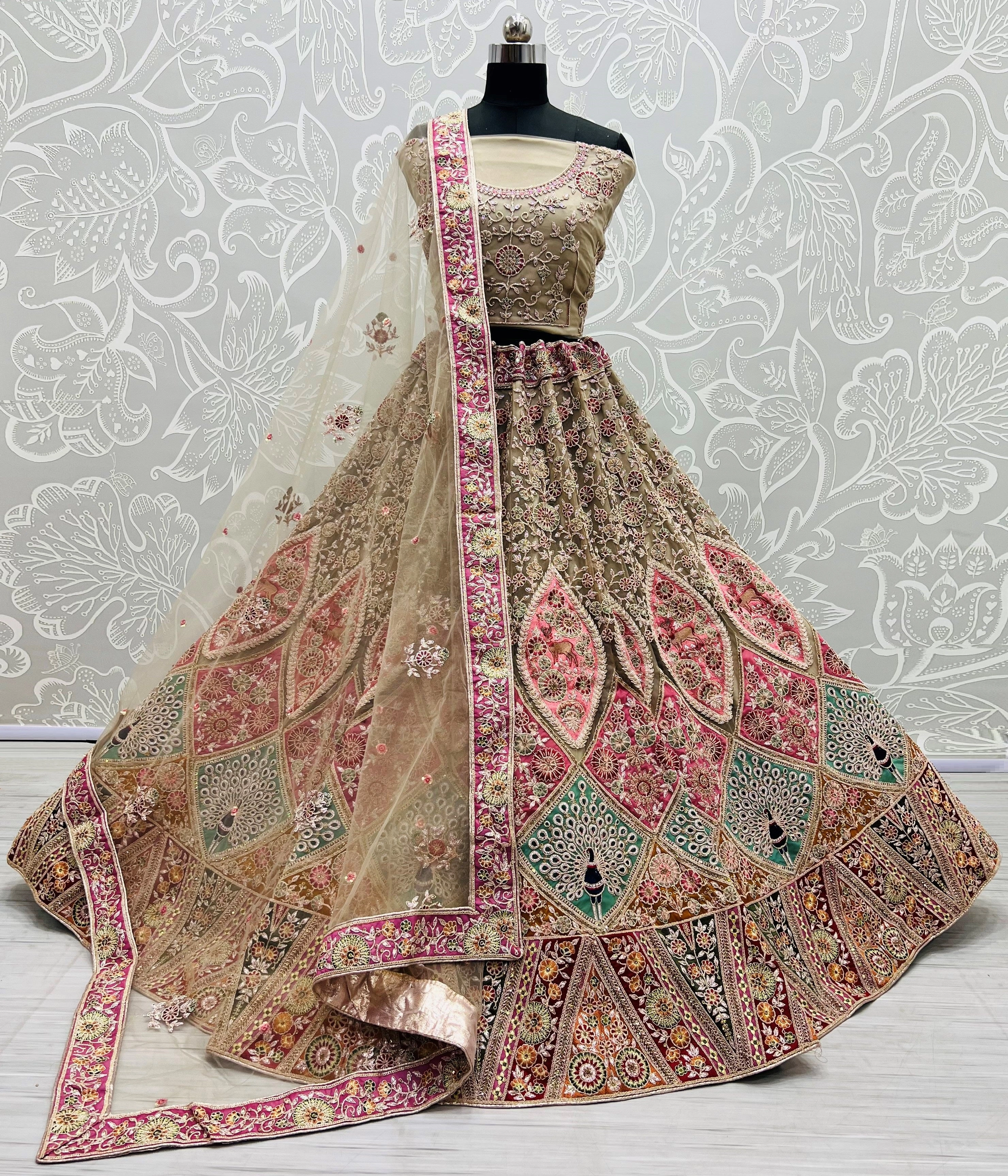 Pink Designer Patchwork Bridal Lehenga Choli - Peacock, Deer &amp; Flower Motifs - Net Fabric -Summer Wedding Outfit,Indian Bridal Lehenga Choli-1