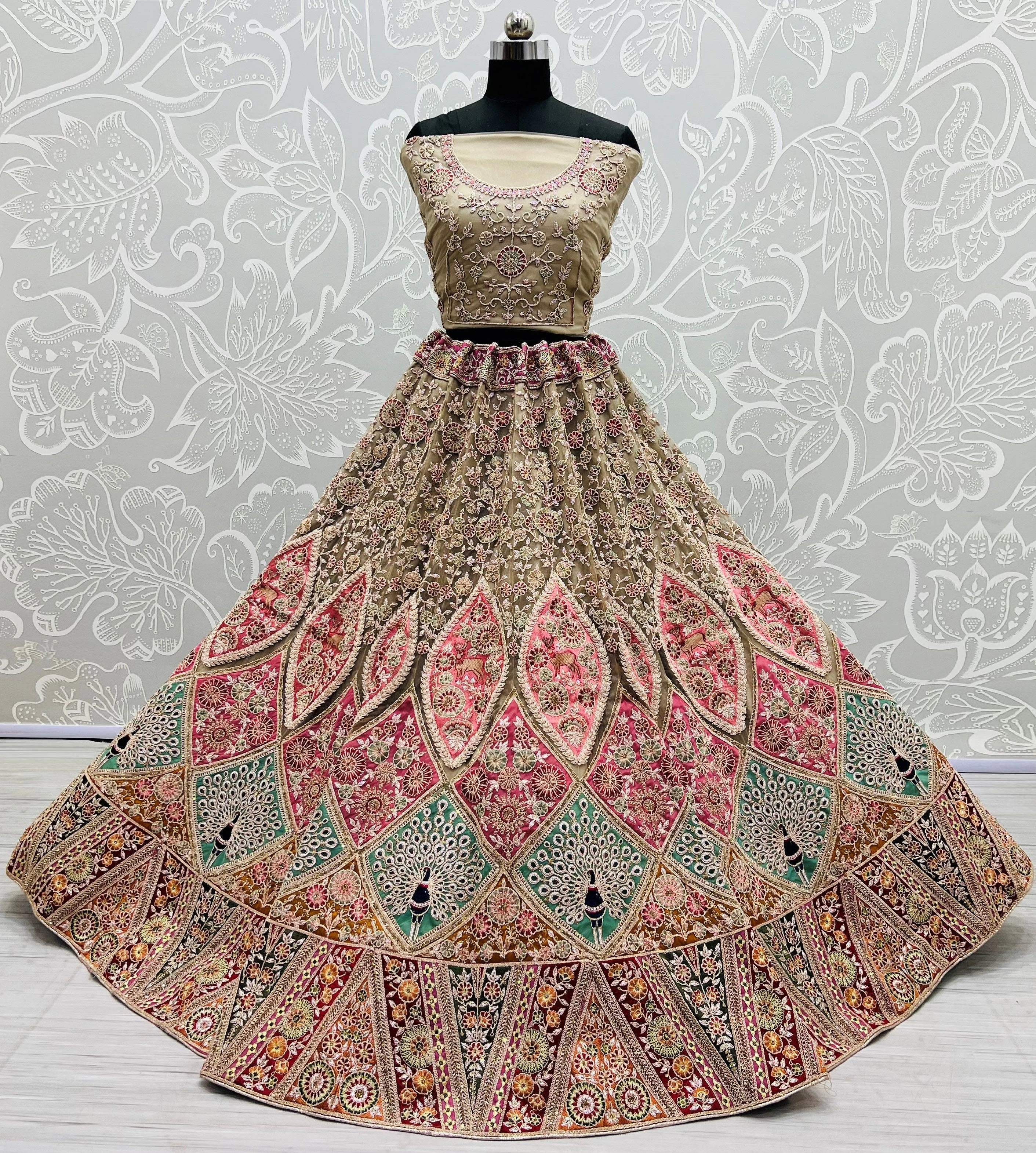 Pink Designer Patchwork Bridal Lehenga Choli - Peacock, Deer &amp; Flower Motifs - Net Fabric -Summer Wedding Outfit,Indian Bridal Lehenga Choli-2