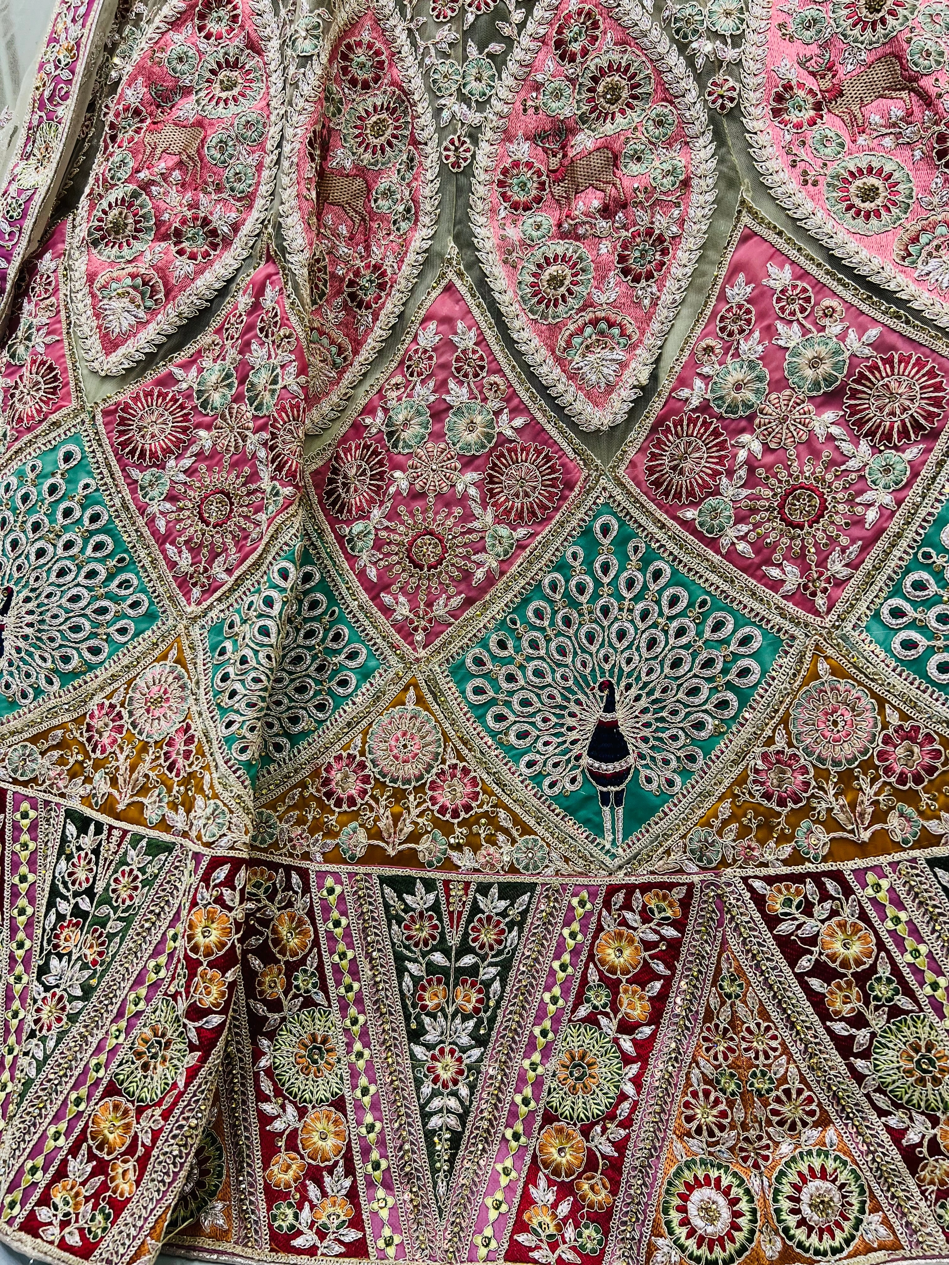 Pink Designer Patchwork Bridal Lehenga Choli - Peacock, Deer &amp; Flower Motifs - Net Fabric -Summer Wedding Outfit,Indian Bridal Lehenga Choli-3