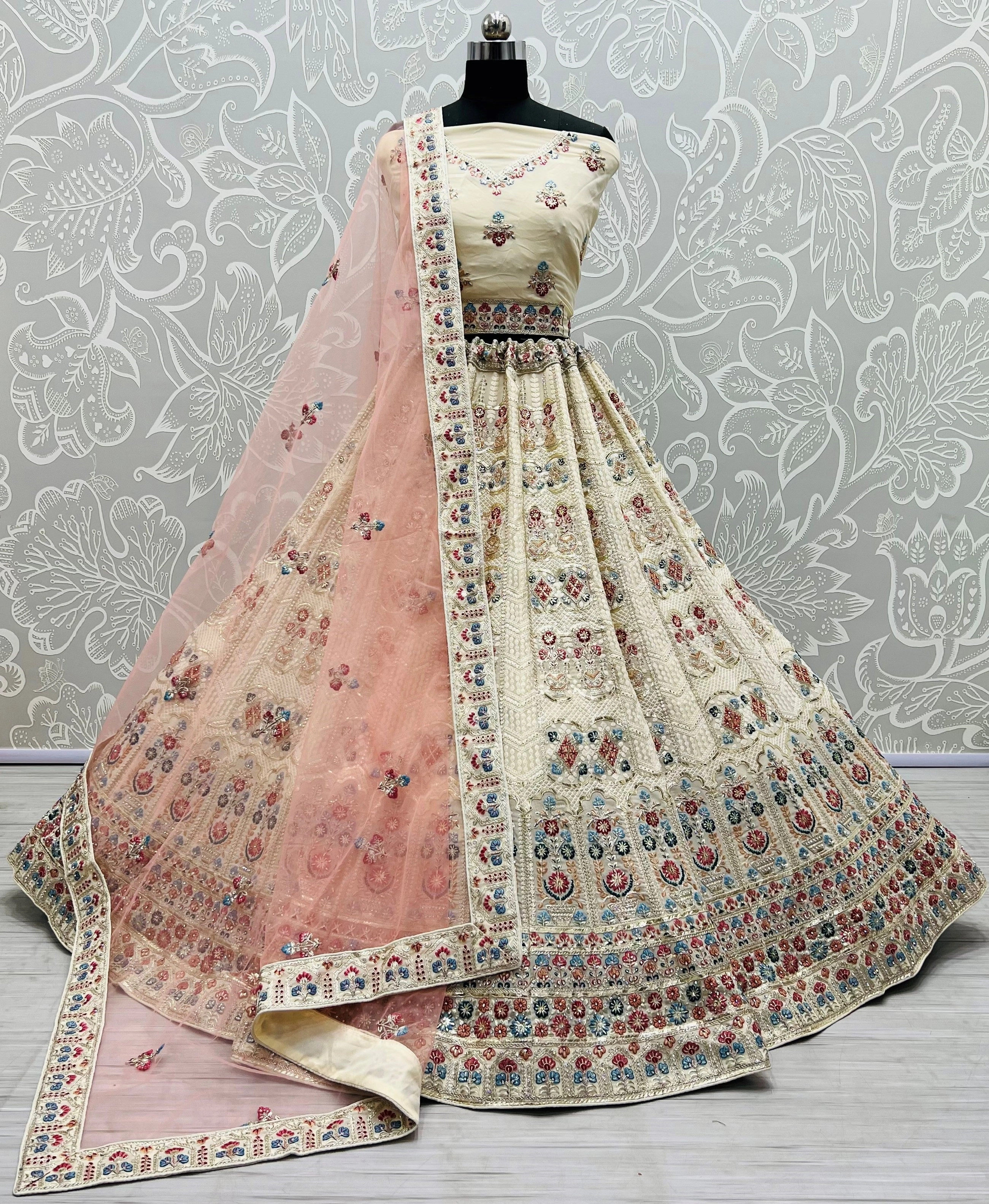 Beige Elegant Beige Multicolor Floral Bridal Lehenga Choli - Georgette Fabric, Sequins &amp; Zari Work - Wedding, Festival, Ceremony Outfit-1