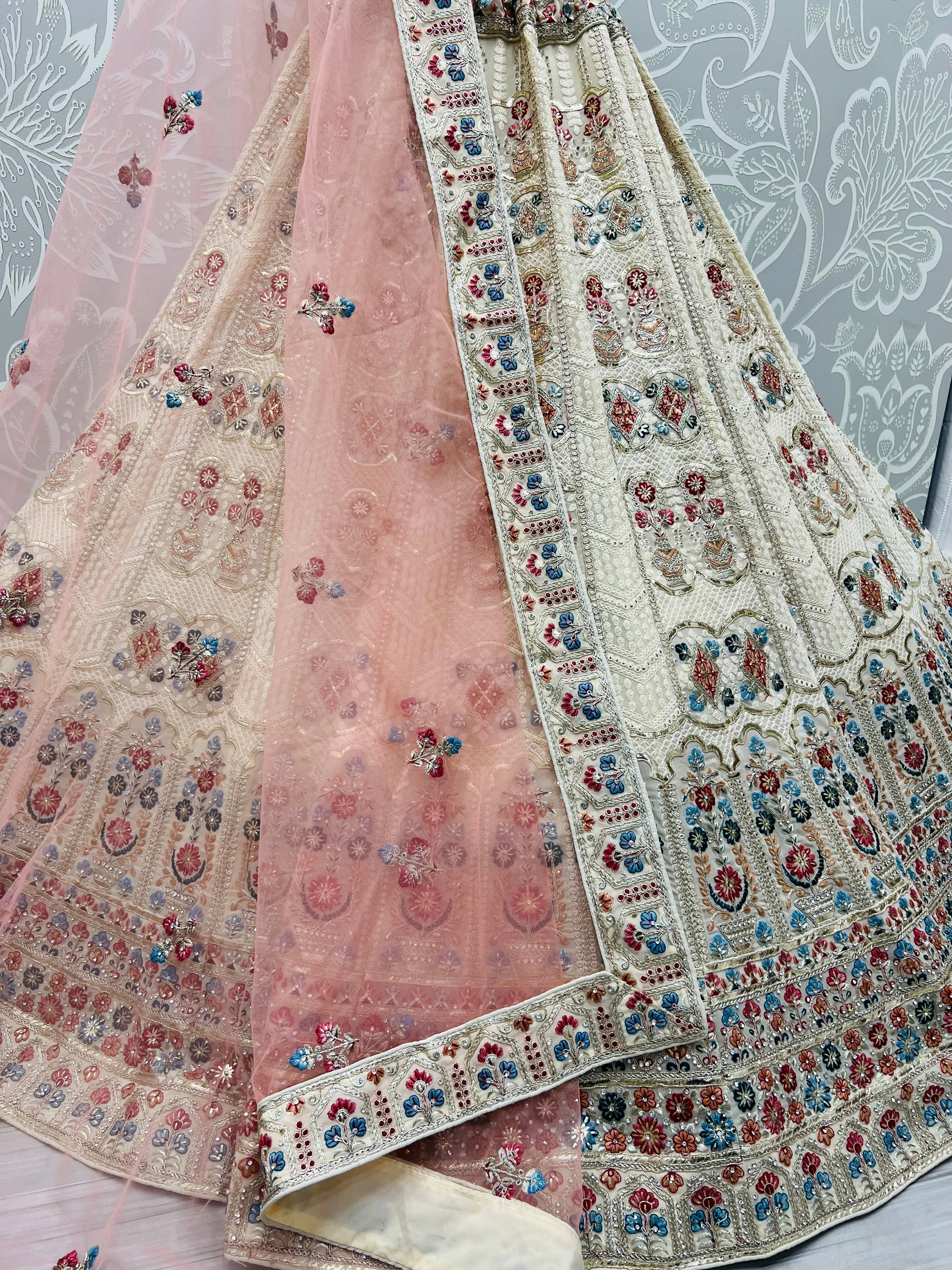 Beige Elegant Beige Multicolor Floral Bridal Lehenga Choli - Georgette Fabric, Sequins &amp; Zari Work - Wedding, Festival, Ceremony Outfit-3