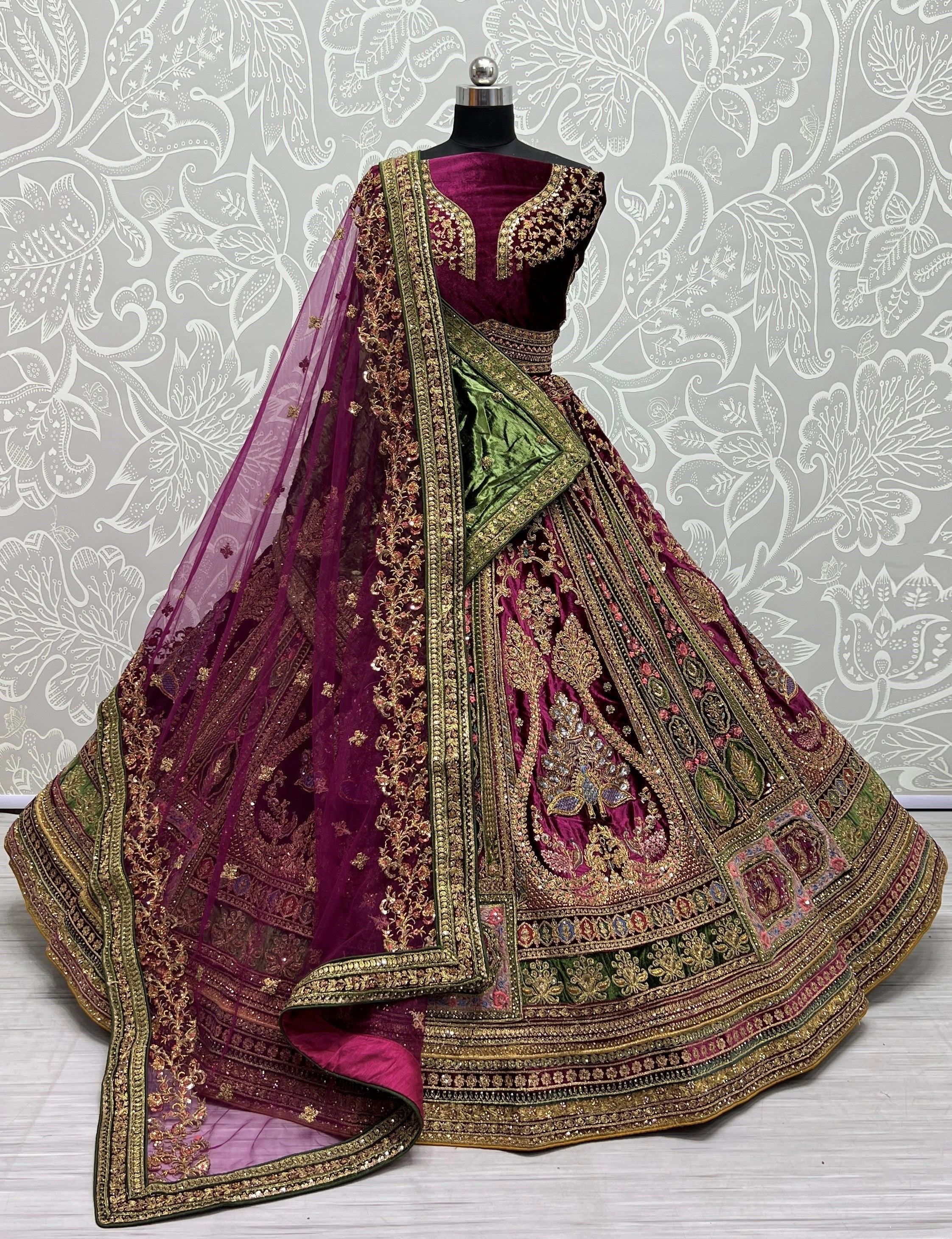 Sabyasachi Inspired Red Bridal Lehenga Choli, Luxury Velvet Threadwork Dress, Fancy Ethnic Wedding Wear, Peacock Lehenga Choli India-1