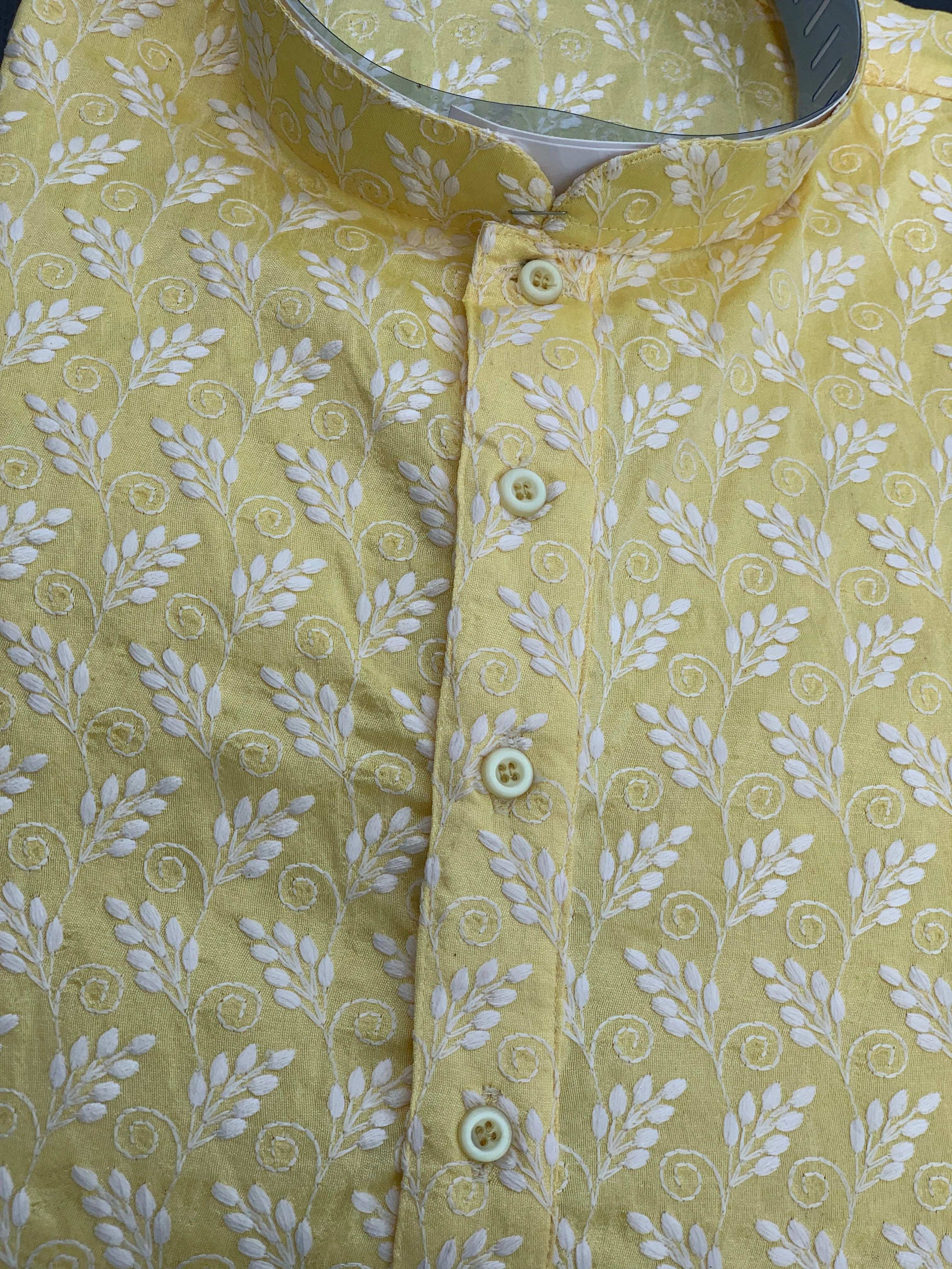 Light Yellow Chikankari Mens Kurta Pajama Set, Lucknowi Mens Kurta | Indian Wedding Men Clothing|Fast Delivery Gift Mens Kurtas India-36-4