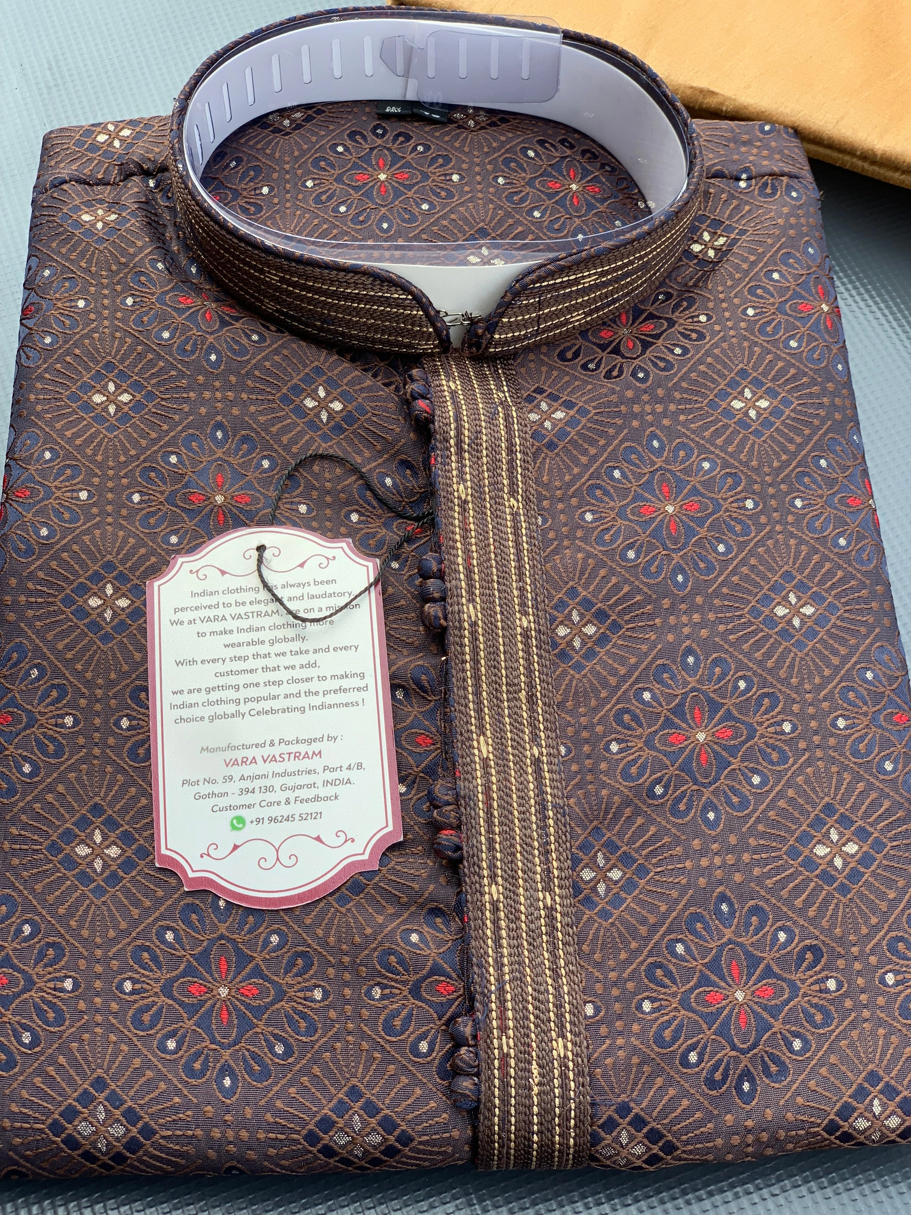 Chocolate Brown Georgette Mens Kurta Pajama Set With Zari Butti, Self-Embroidery | Indian, Pakistani Mens Kurta Fast Delivery India,-36-1