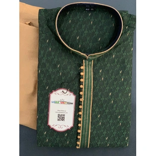 Green Premium Cotton Men Kurta Pajama Self Design Material With Small Zari Weave Butti | Mens Ethnic Wear | Fancy Buttons Kurta, Gift In India